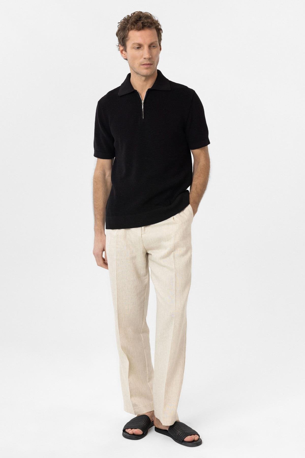 Antioch-Siyah Fermuarlı Dokuma Erkek Polo Yaka Triko T Shirt-T-Shirts-2-Milagron.com