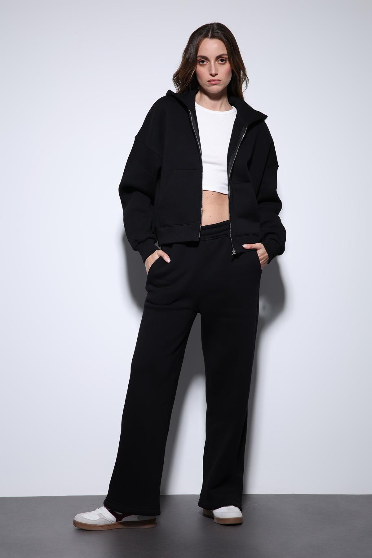 Antioch-Siyah Fermuarlı Kapüşanlı Kadın Sweatshirt-Sweatshirt-2-Milagron.com