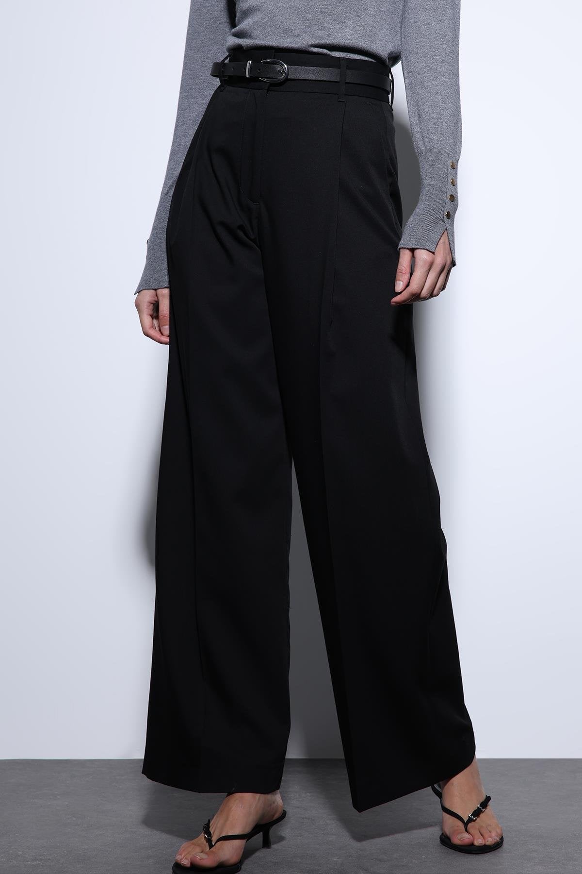 Antioch-Antioch Siyah Geniş Paça Kadın Pantolon-Kumaş Pantolon-3-Milagron.com