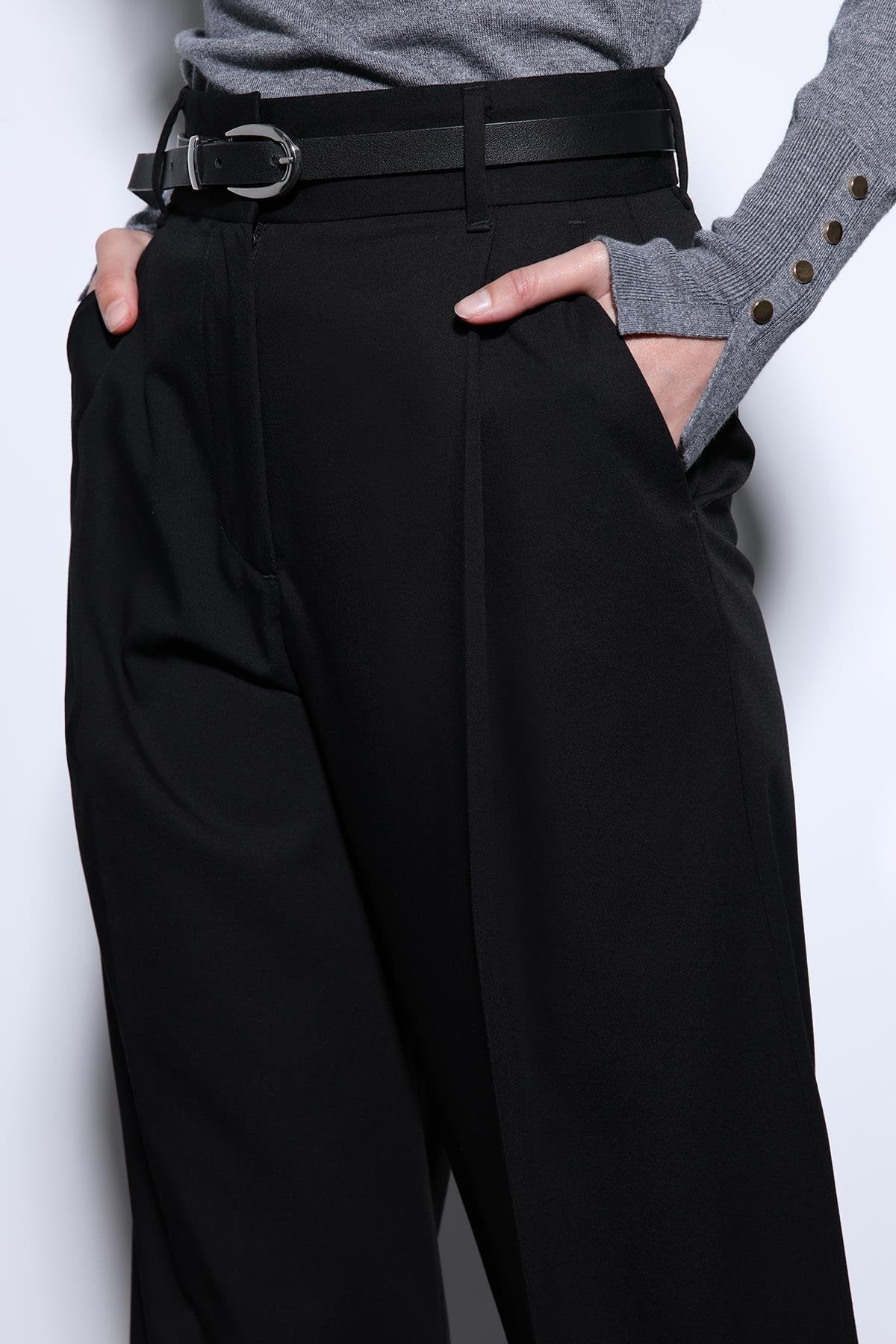 Antioch-Antioch Siyah Geniş Paça Kadın Pantolon-Kumaş Pantolon-4-Milagron.com