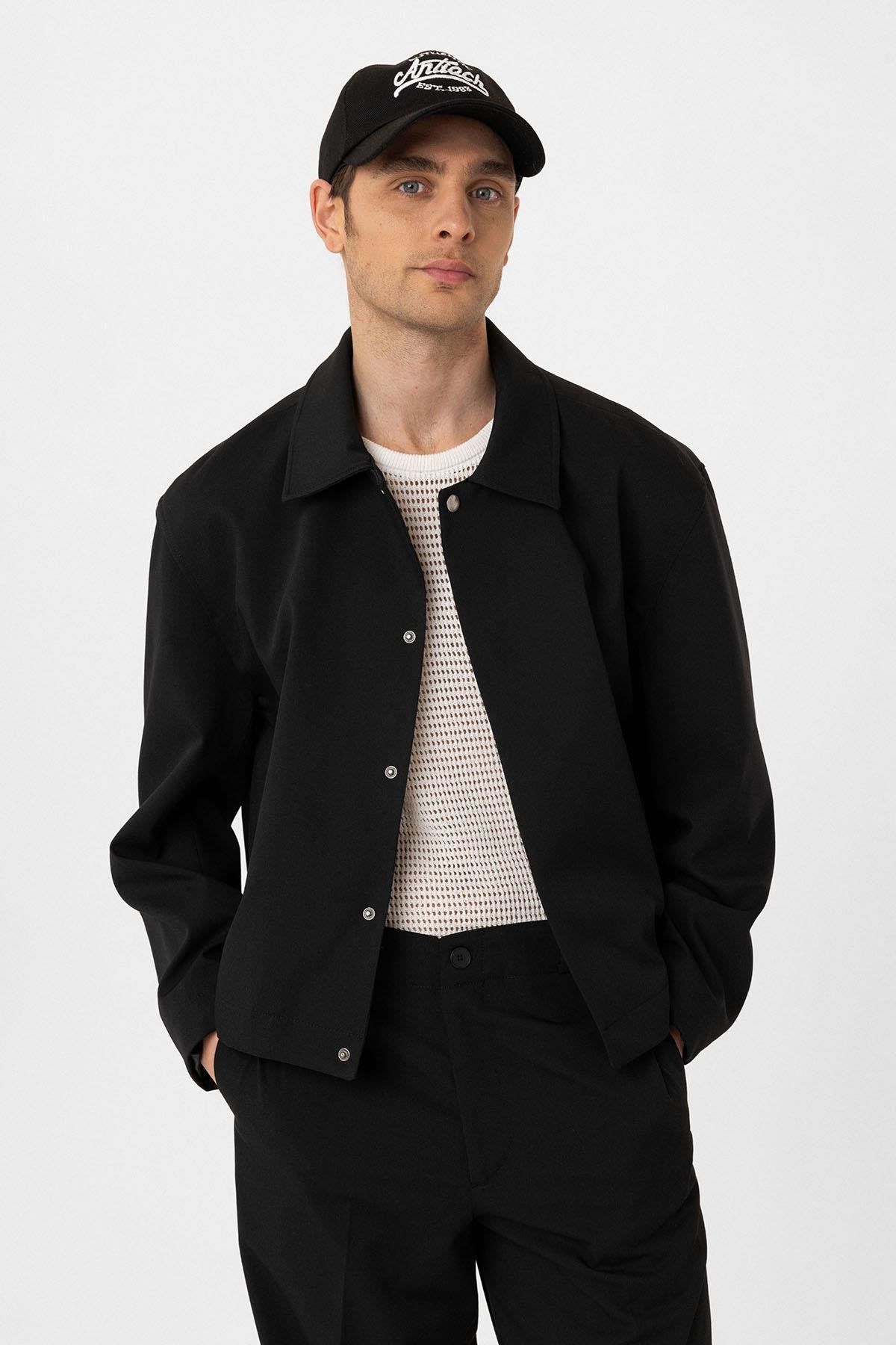 Antioch-Siyah Gizli Düğme Mevsimlik Relax Fit Erkek Mont-Mont-1-Milagron.com