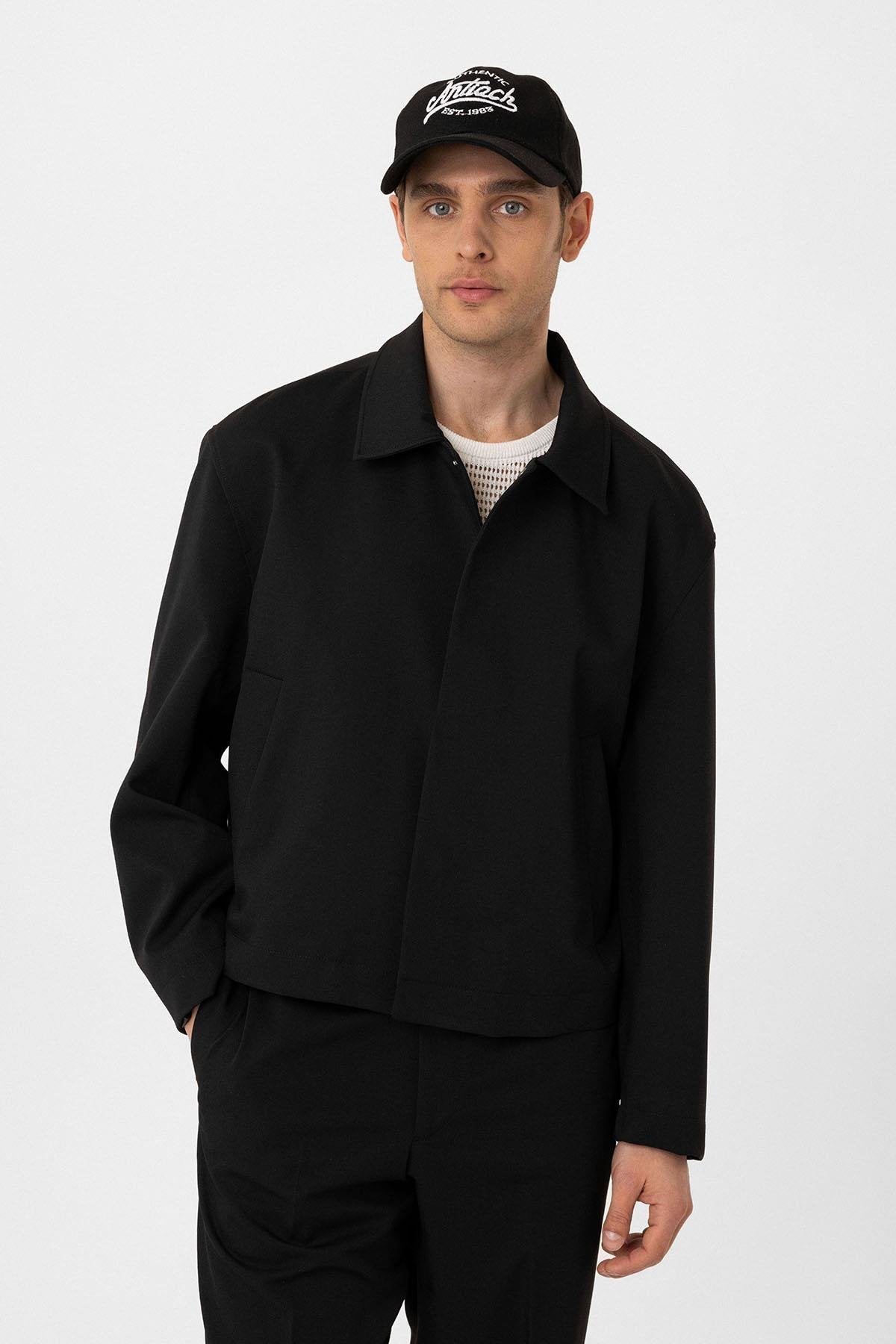 Antioch-Siyah Gizli Düğme Mevsimlik Relax Fit Erkek Mont-Mont-2-Milagron.com