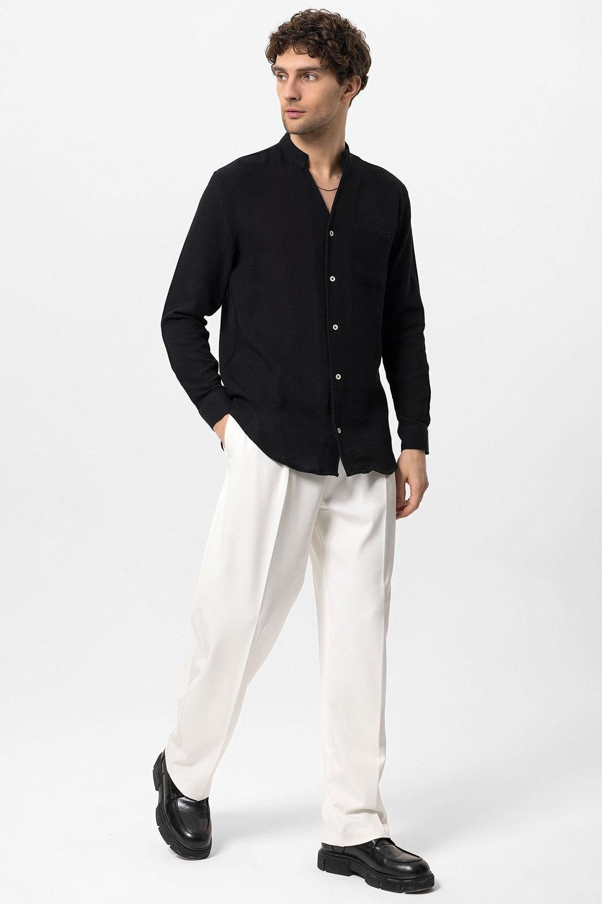 Antioch-Siyah Hakim Yaka Örme Dokulu Erkek Gömlek-Gömlek-3-Milagron.com