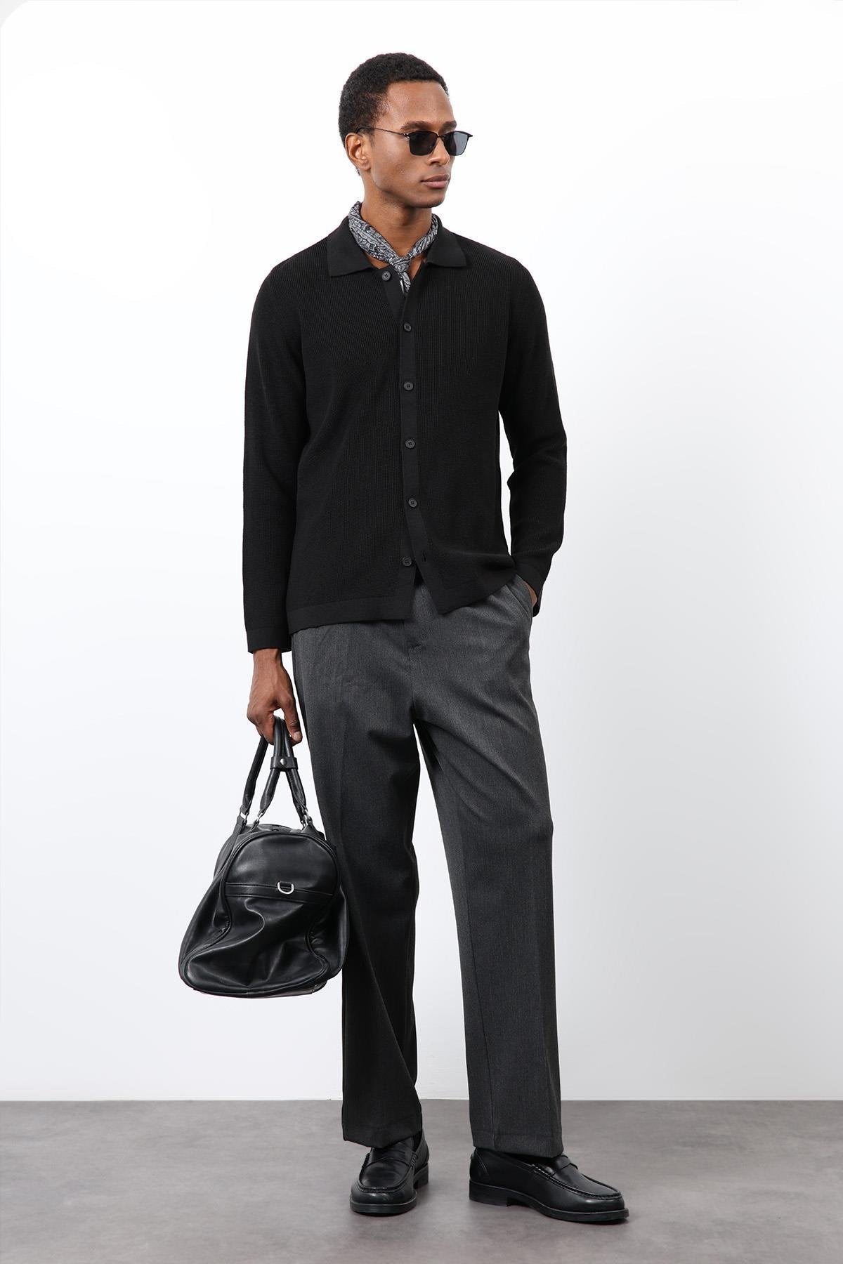 Antioch-Siyah İnce örgü Triko Erkek Hırka-Hırka-1-Milagron.com