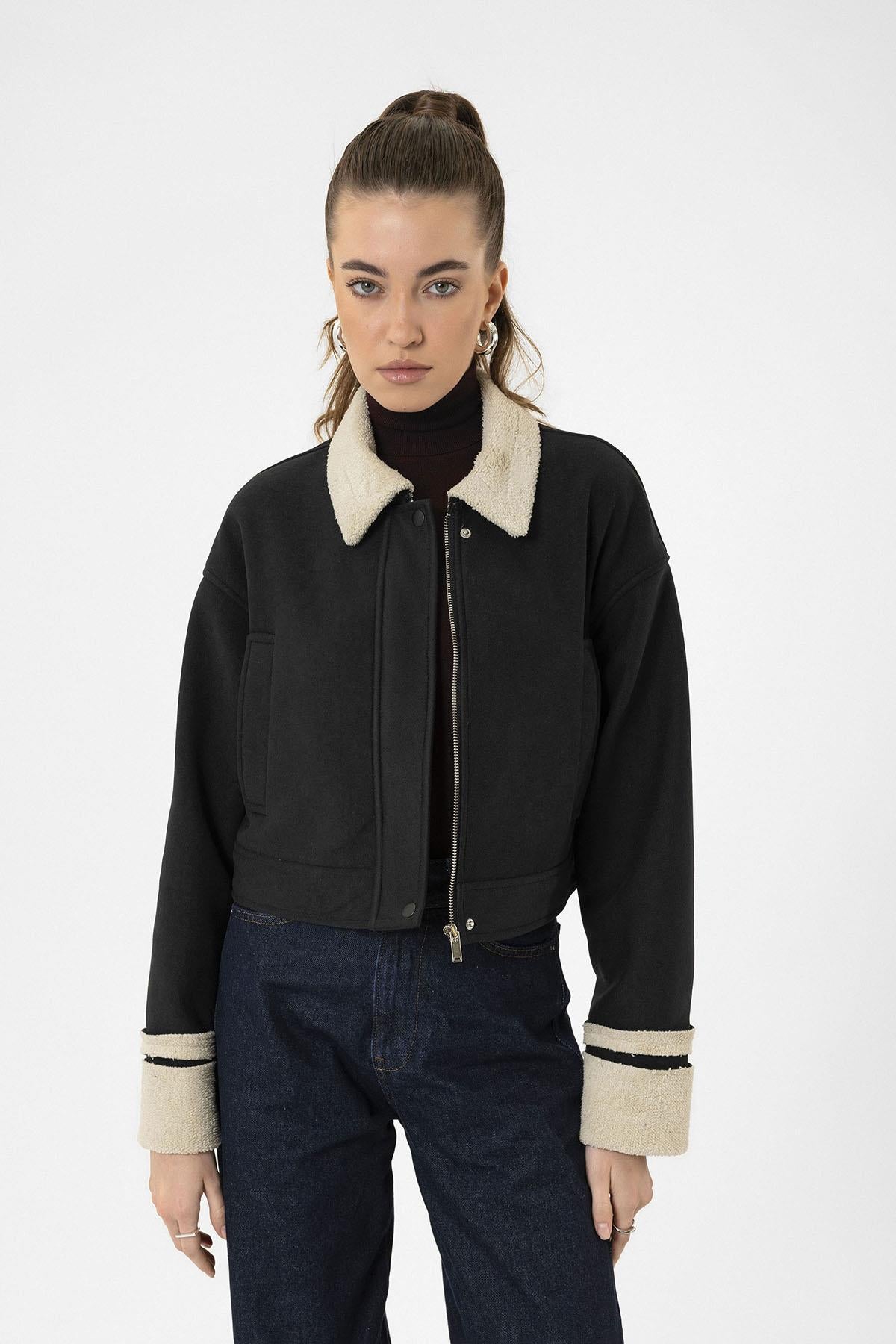 Antioch-Siyah Kadın Astar Detaylı Dokulu Mont-Mont-1-Milagron.com