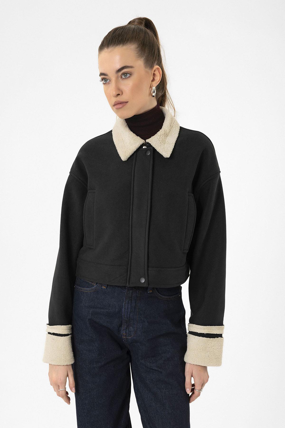 Antioch-Siyah Kadın Astar Detaylı Dokulu Mont-Mont-2-Milagron.com