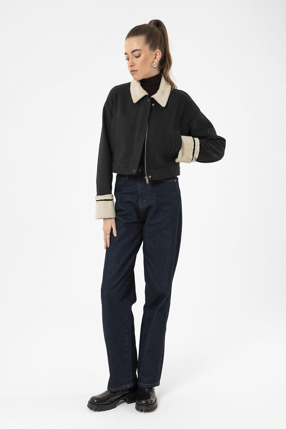 Antioch-Siyah Kadın Astar Detaylı Dokulu Mont-Mont-3-Milagron.com