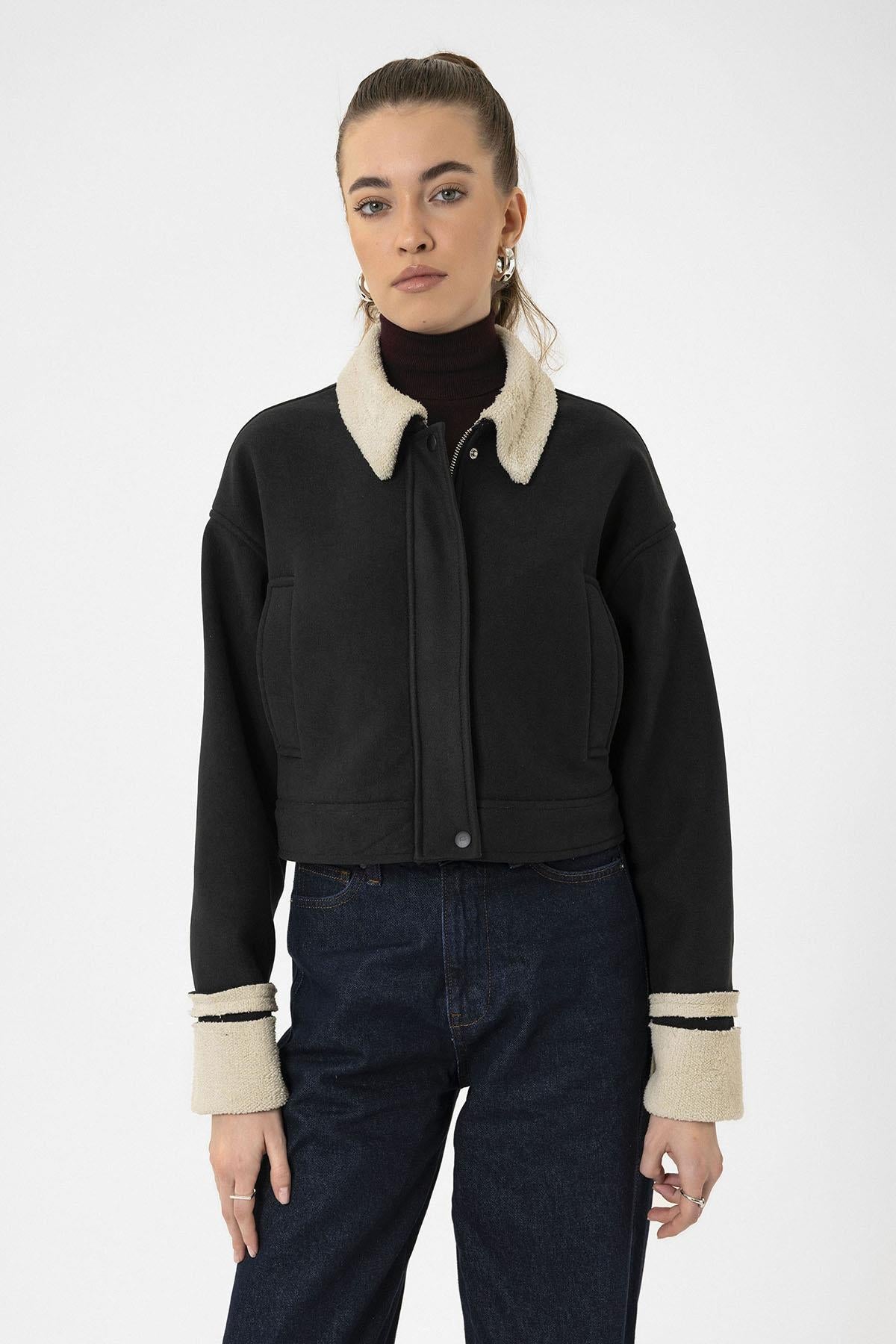 Antioch-Siyah Kadın Astar Detaylı Dokulu Mont-Mont-4-Milagron.com