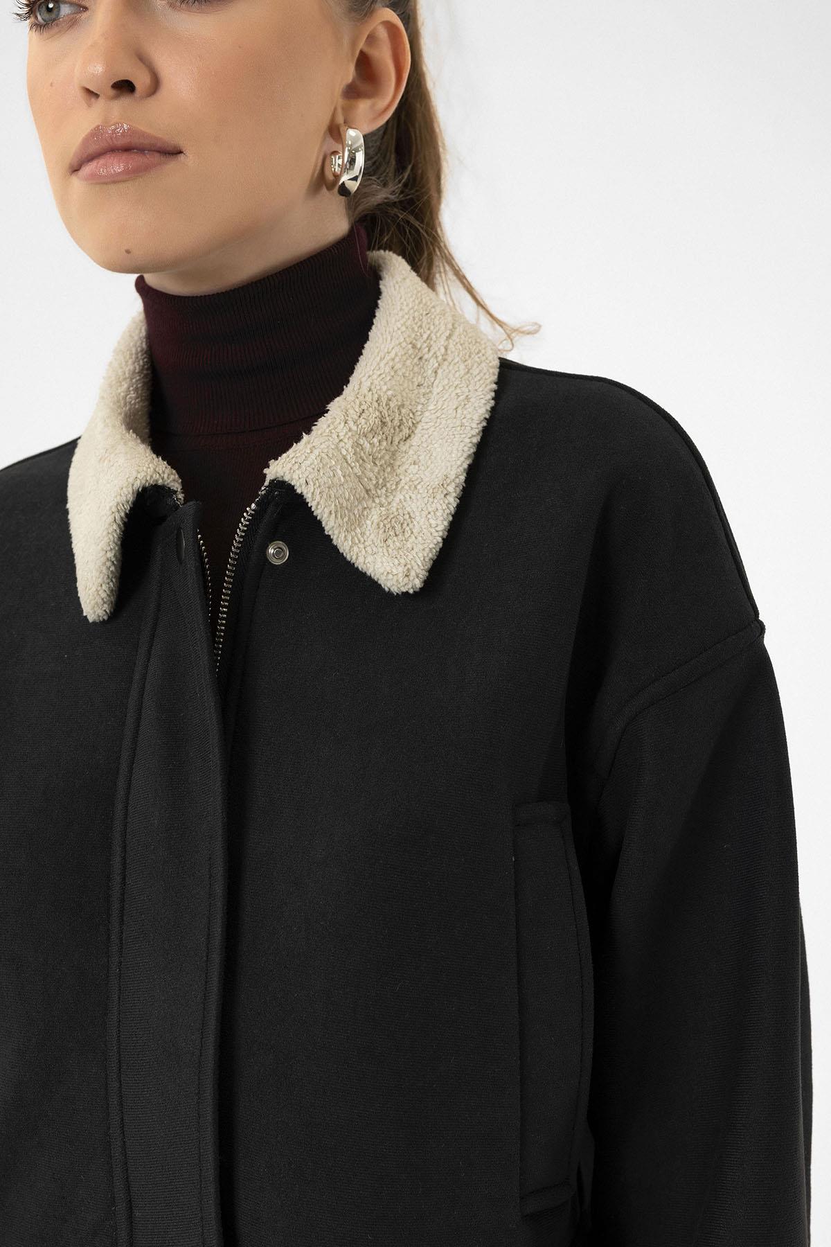 Antioch-Siyah Kadın Astar Detaylı Dokulu Mont-Mont-5-Milagron.com