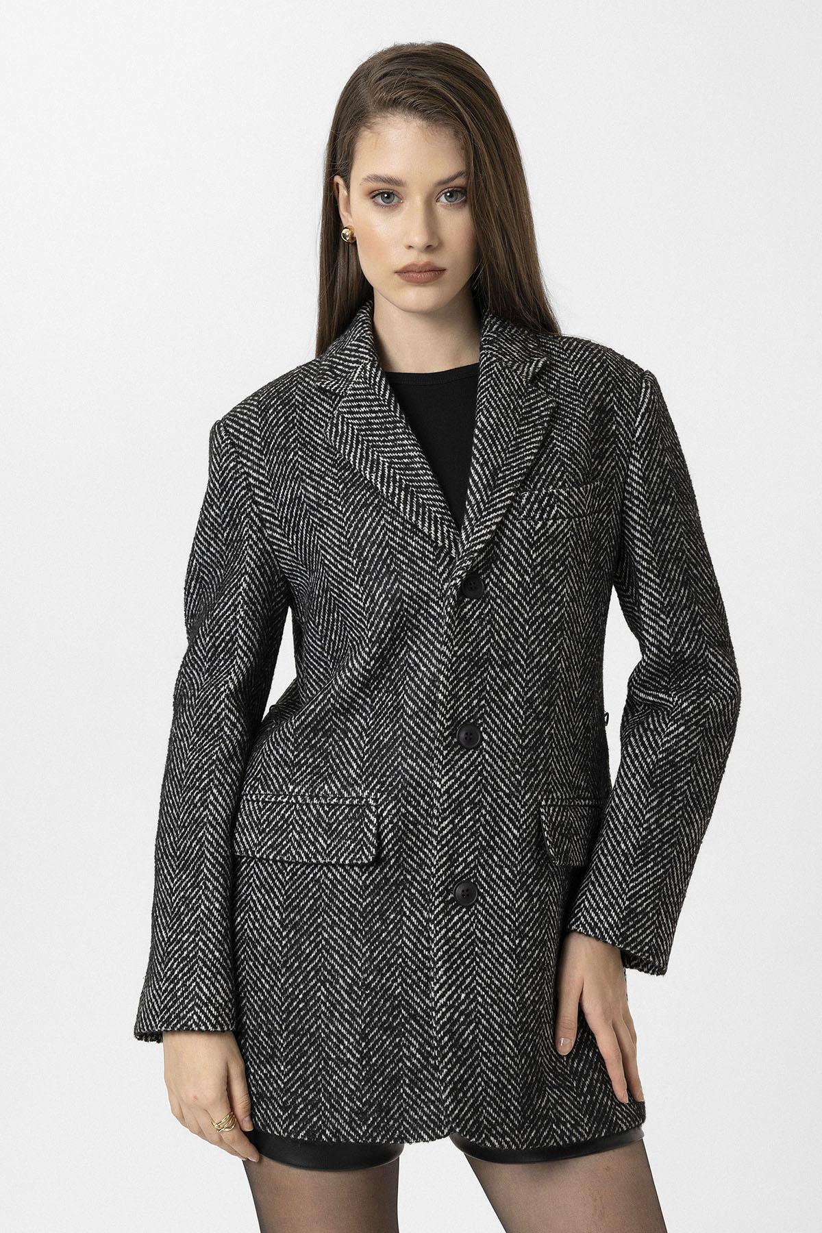 Antioch-Siyah Kadın Balıksırtı Desenli Blazer Ceket-Ceket-2-Milagron.com