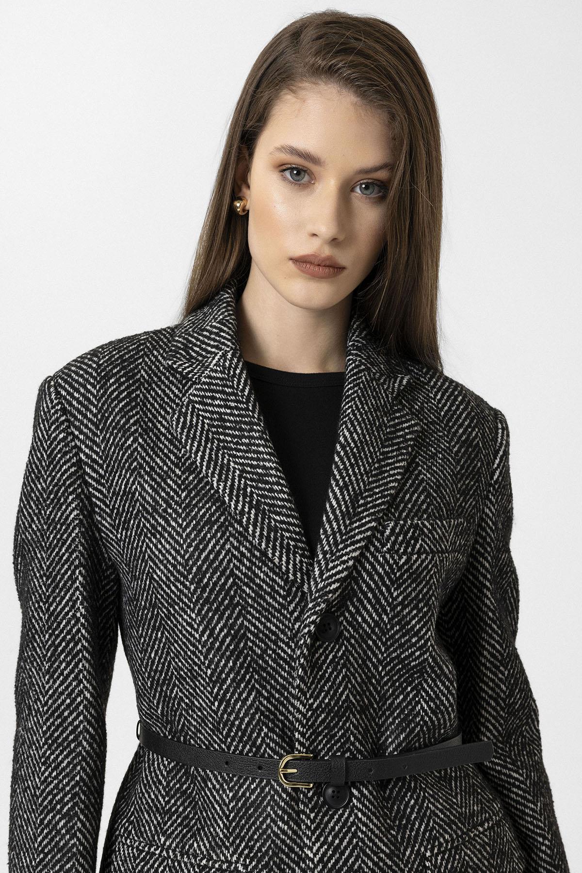 Antioch-Siyah Kadın Balıksırtı Desenli Blazer Ceket-Ceket-5-Milagron.com