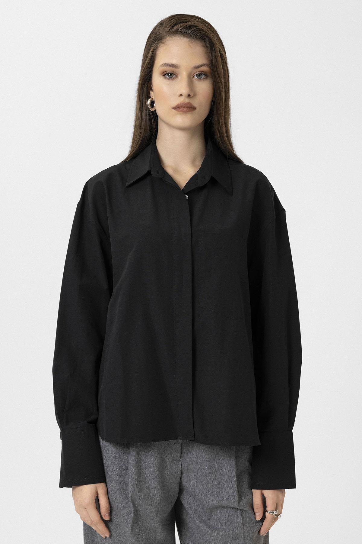Antioch-Siyah Kadın Basic Poplin Gömlek-Gömlek-1-Milagron.com