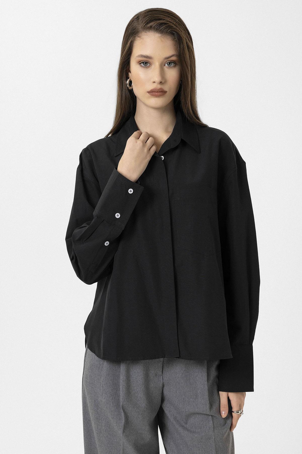 Antioch-Siyah Kadın Basic Poplin Gömlek-Gömlek-3-Milagron.com
