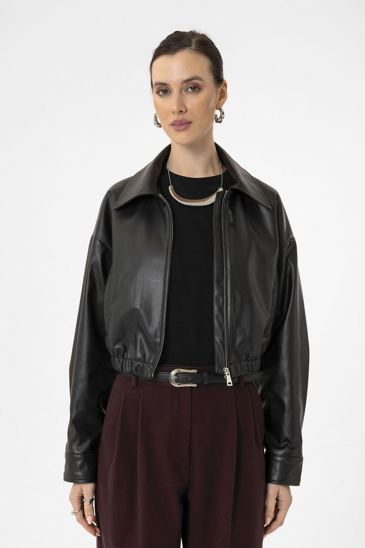 Antioch-Siyah Kadın Bel Lastikli Suni Deri Mont-Deri Mont-1-Milagron.com