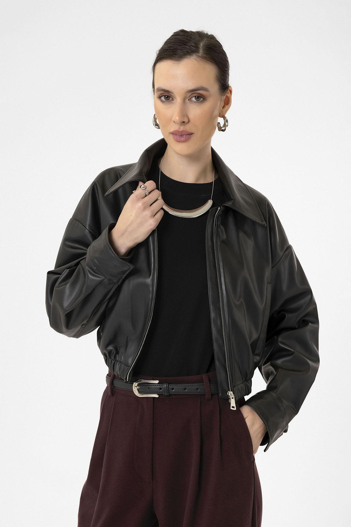 Antioch-Siyah Kadın Bel Lastikli Suni Deri Mont-Deri Mont-2-Milagron.com