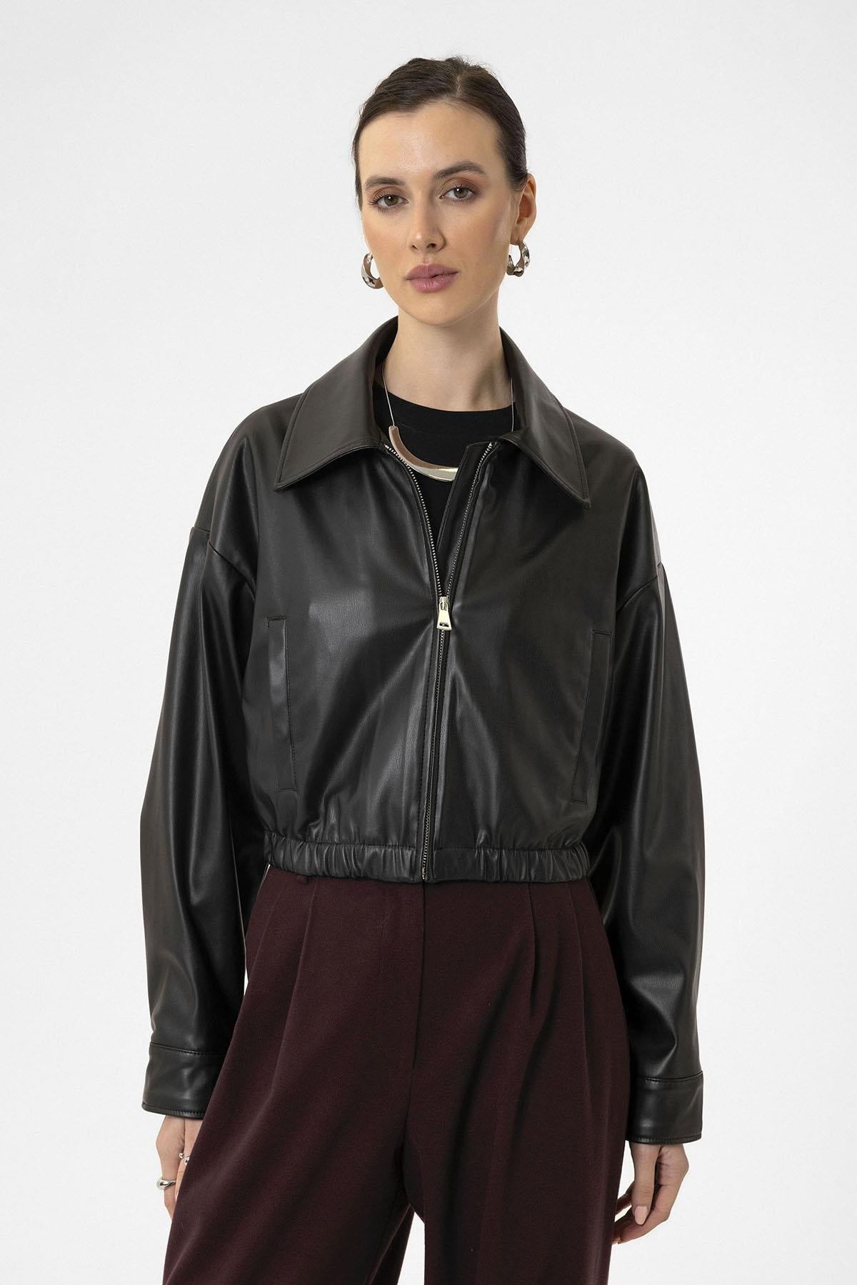 Antioch-Siyah Kadın Bel Lastikli Suni Deri Mont-Deri Mont-3-Milagron.com