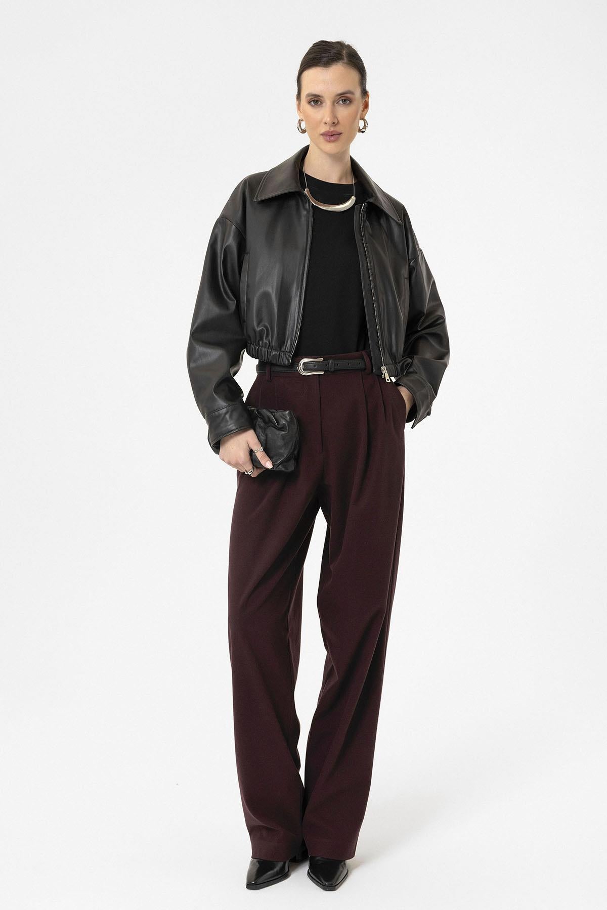 Antioch-Siyah Kadın Bel Lastikli Suni Deri Mont-Deri Mont-4-Milagron.com