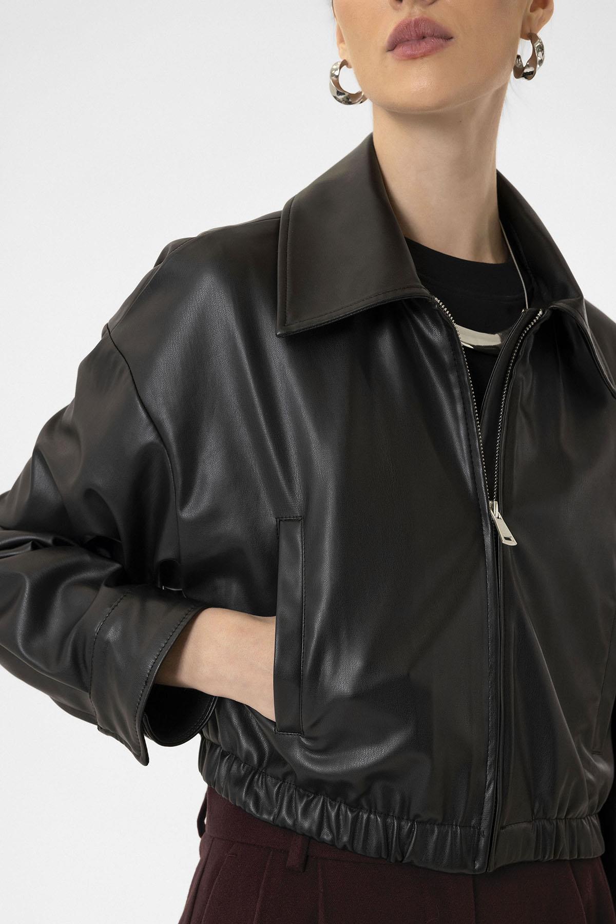 Antioch-Siyah Kadın Bel Lastikli Suni Deri Mont-Deri Mont-5-Milagron.com