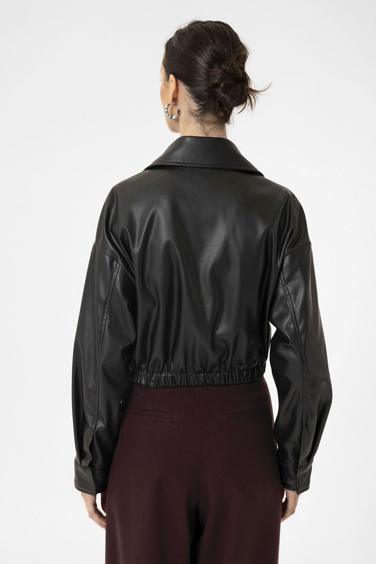 Antioch-Siyah Kadın Bel Lastikli Suni Deri Mont-Deri Mont-6-Milagron.com