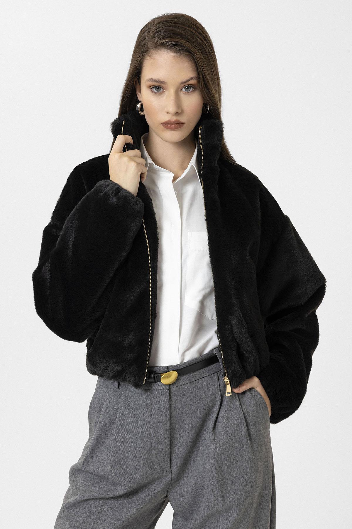 Antioch-Siyah Kadın Bel Lastikli Suni Kürk Mont-Mont-1-Milagron.com