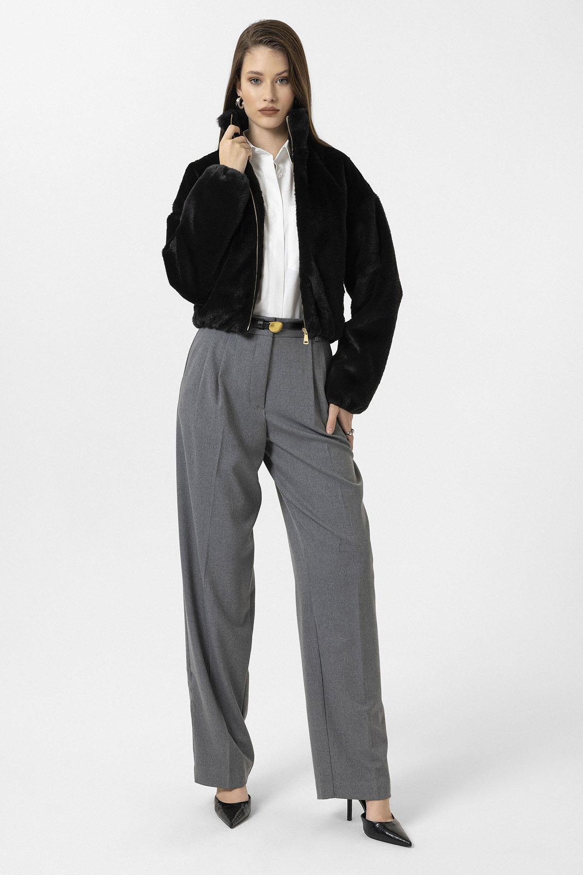 Antioch-Siyah Kadın Bel Lastikli Suni Kürk Mont-Mont-2-Milagron.com