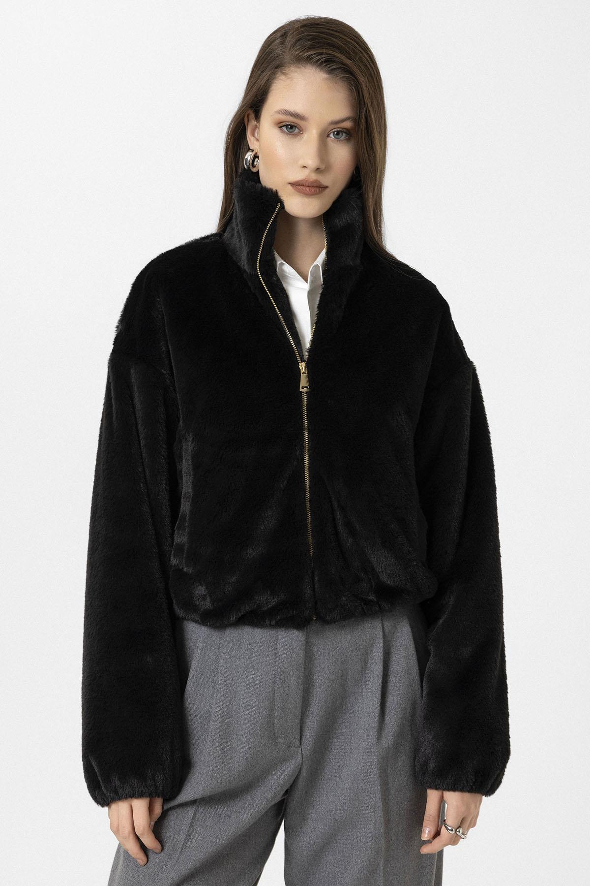 Antioch-Siyah Kadın Bel Lastikli Suni Kürk Mont-Mont-4-Milagron.com