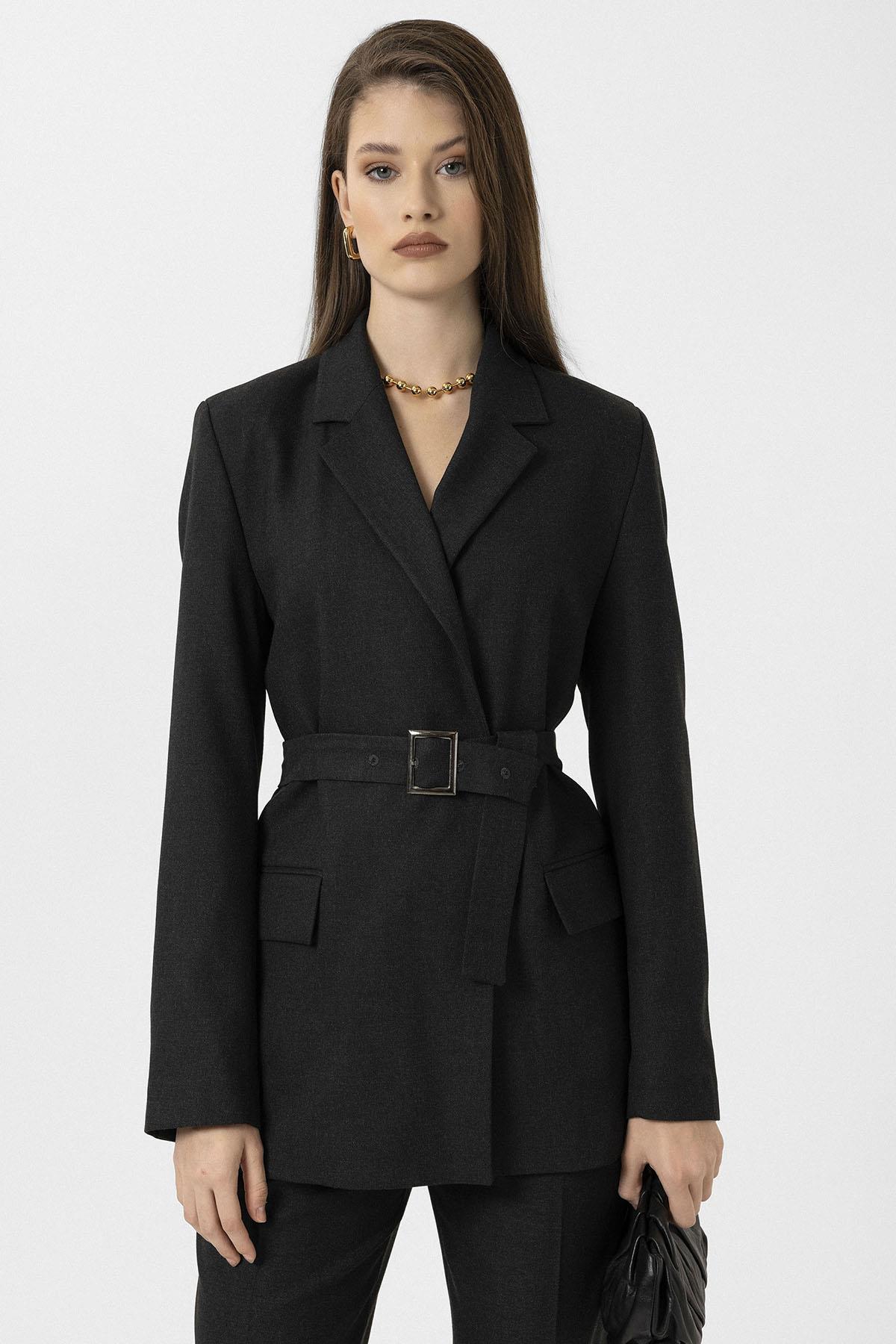 Antioch-Siyah Kadın Kemerli Blazer Ceket-Ceket-1-Milagron.com