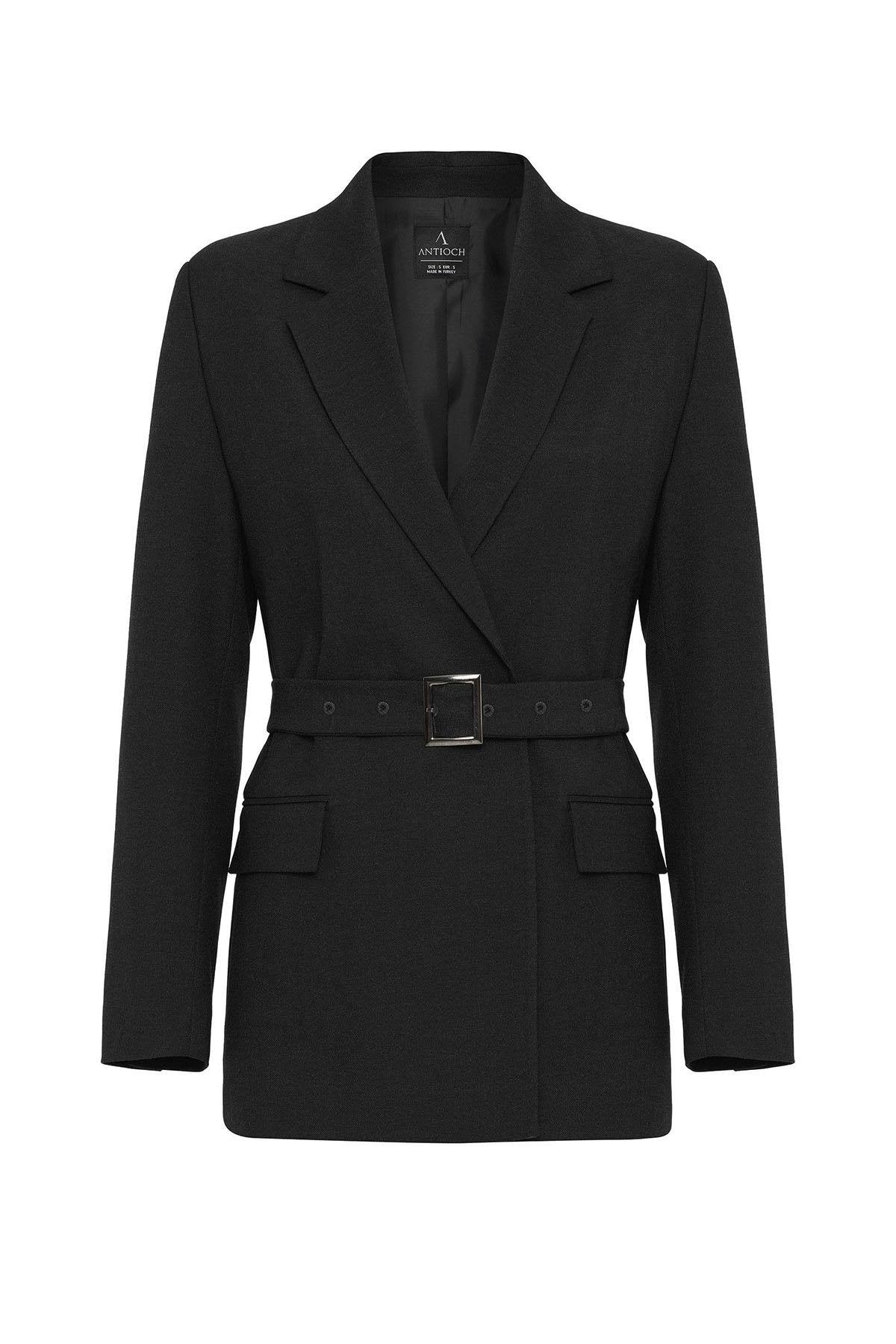 Antioch-Siyah Kadın Kemerli Blazer Ceket-Ceket-6-Milagron.com