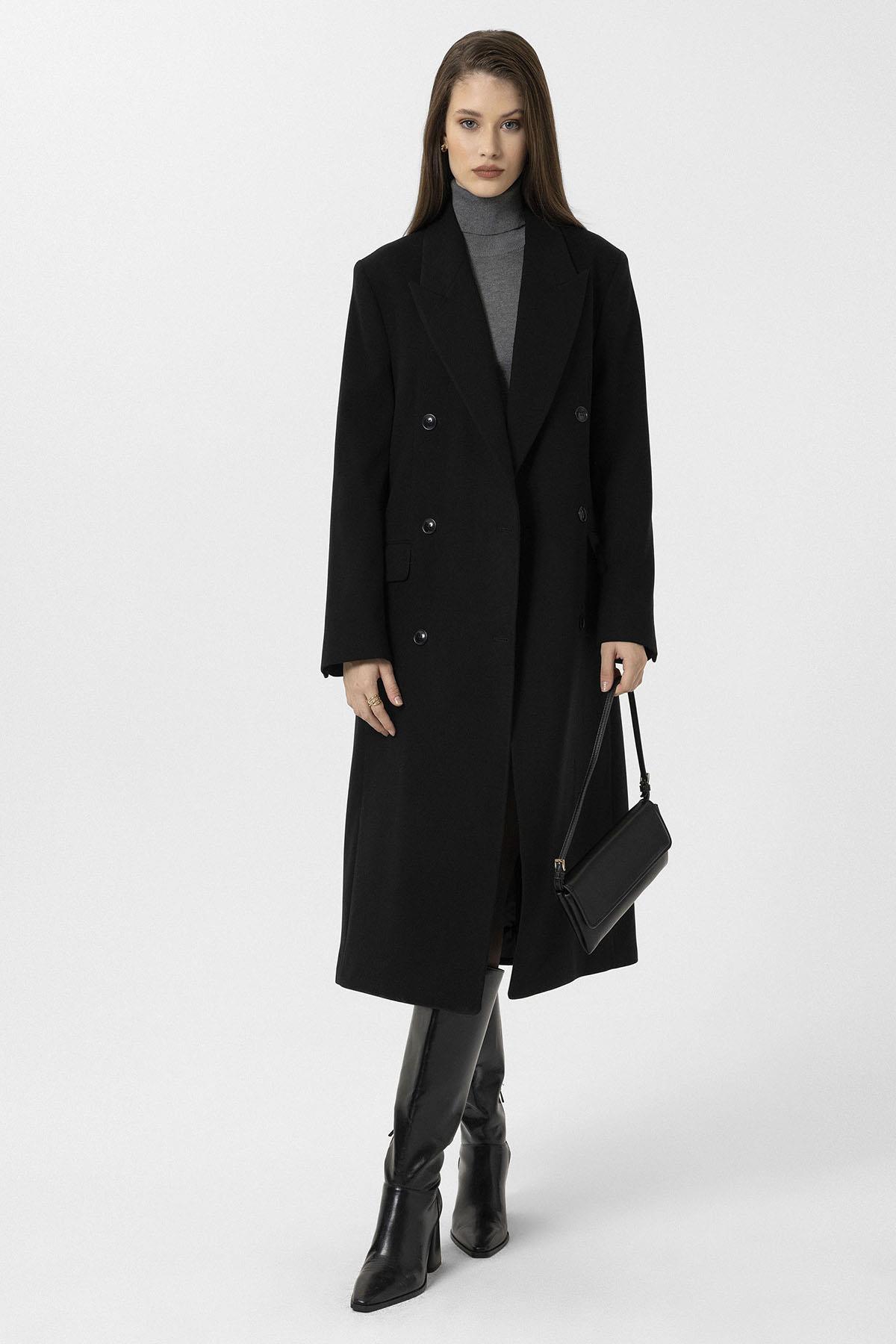 Antioch-Siyah Kadın Kemerli Kruvaze Kaban-Kaban-1-Milagron.com