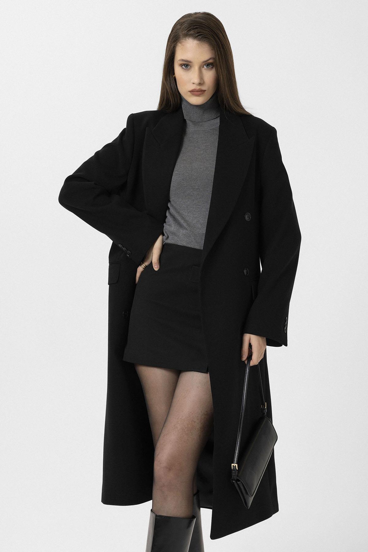 Antioch-Siyah Kadın Kemerli Kruvaze Kaban-Kaban-2-Milagron.com