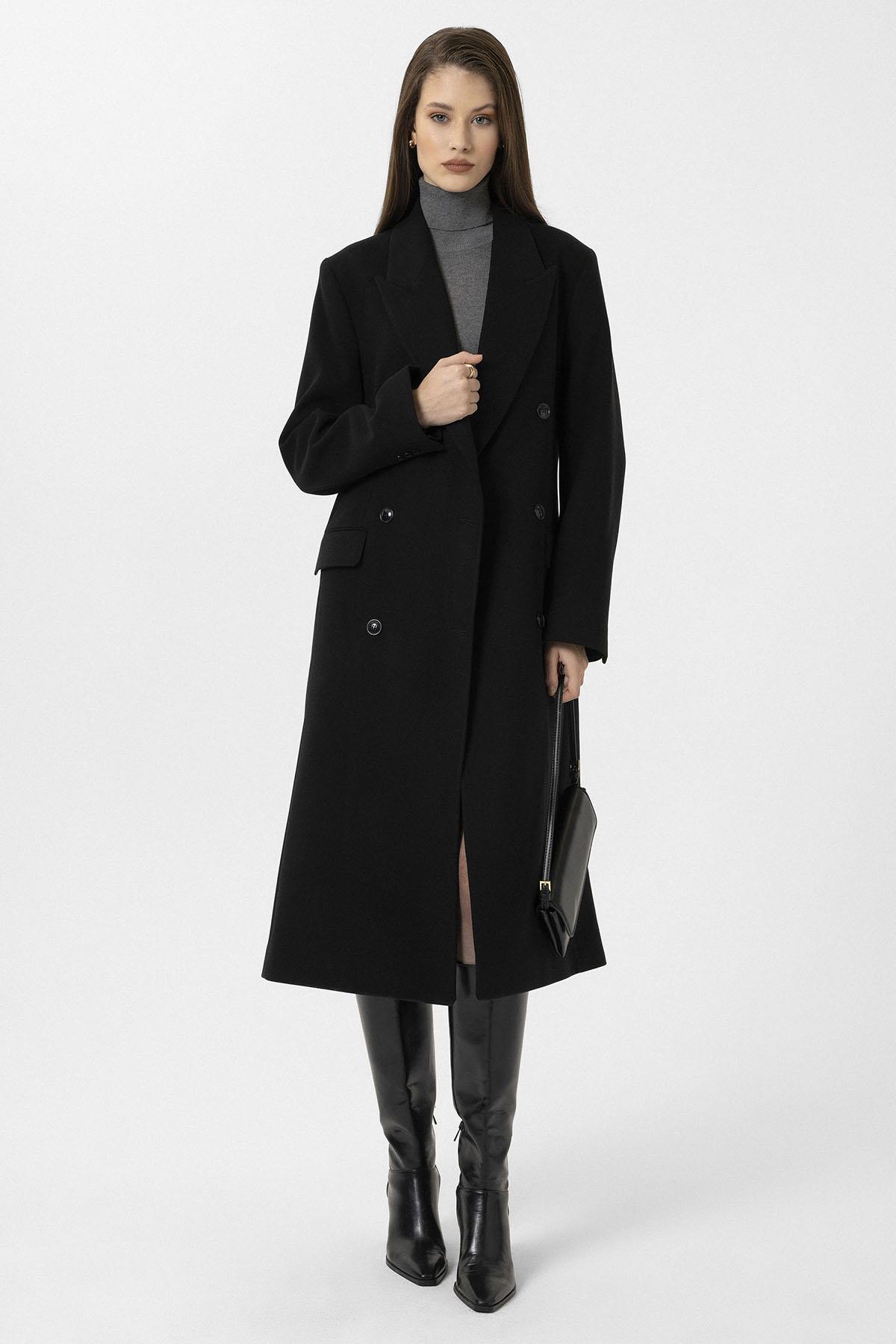 Antioch-Siyah Kadın Kemerli Kruvaze Kaban-Kaban-3-Milagron.com