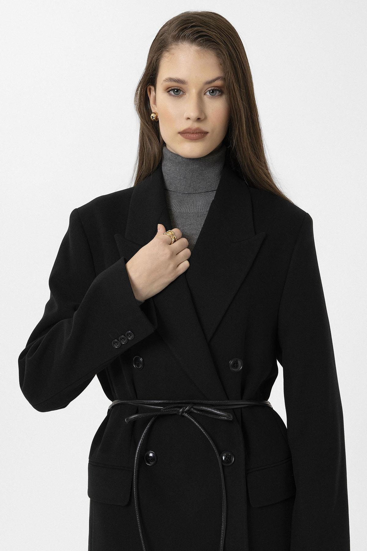 Antioch-Siyah Kadın Kemerli Kruvaze Kaban-Kaban-4-Milagron.com