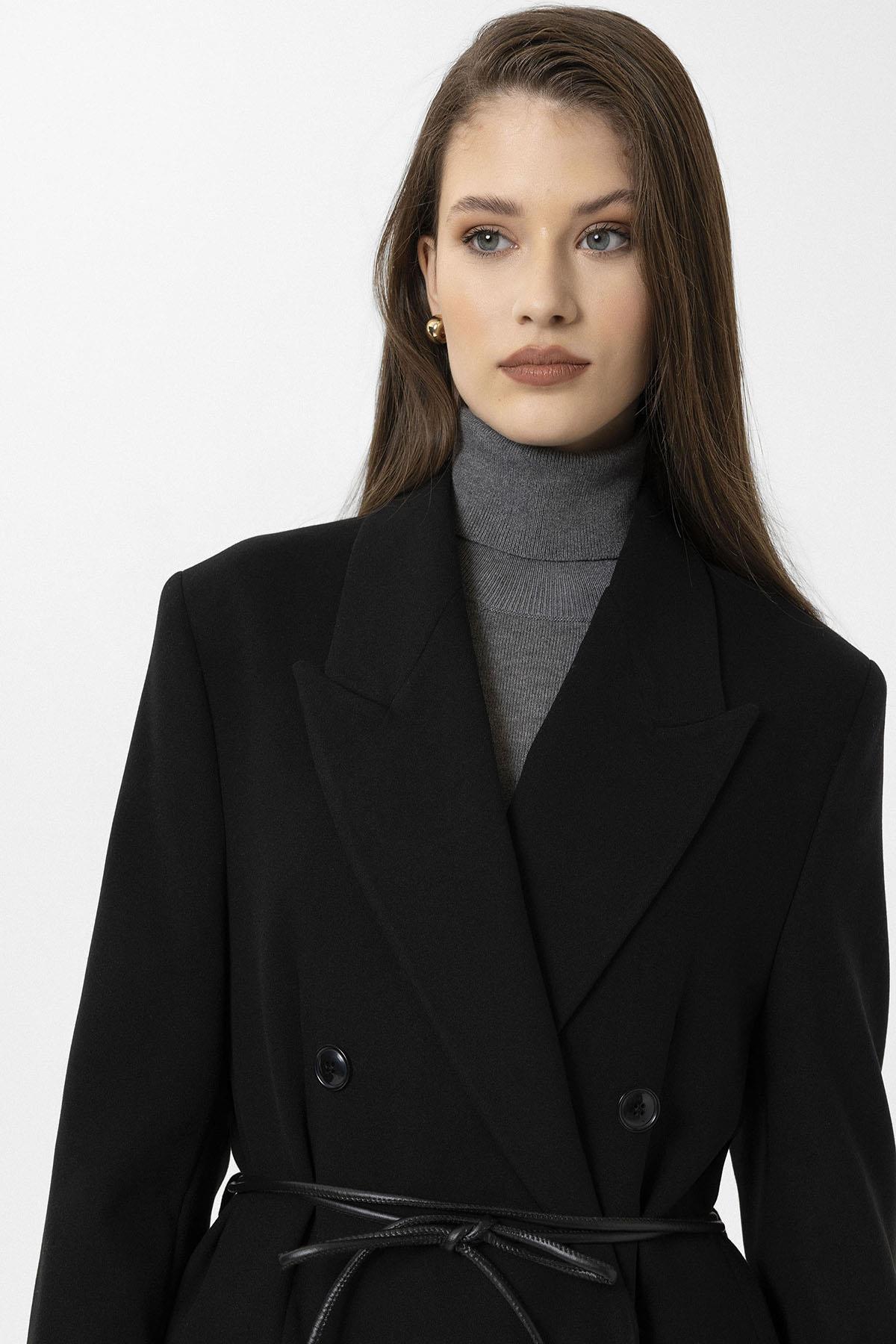 Antioch-Siyah Kadın Kemerli Kruvaze Kaban-Kaban-5-Milagron.com