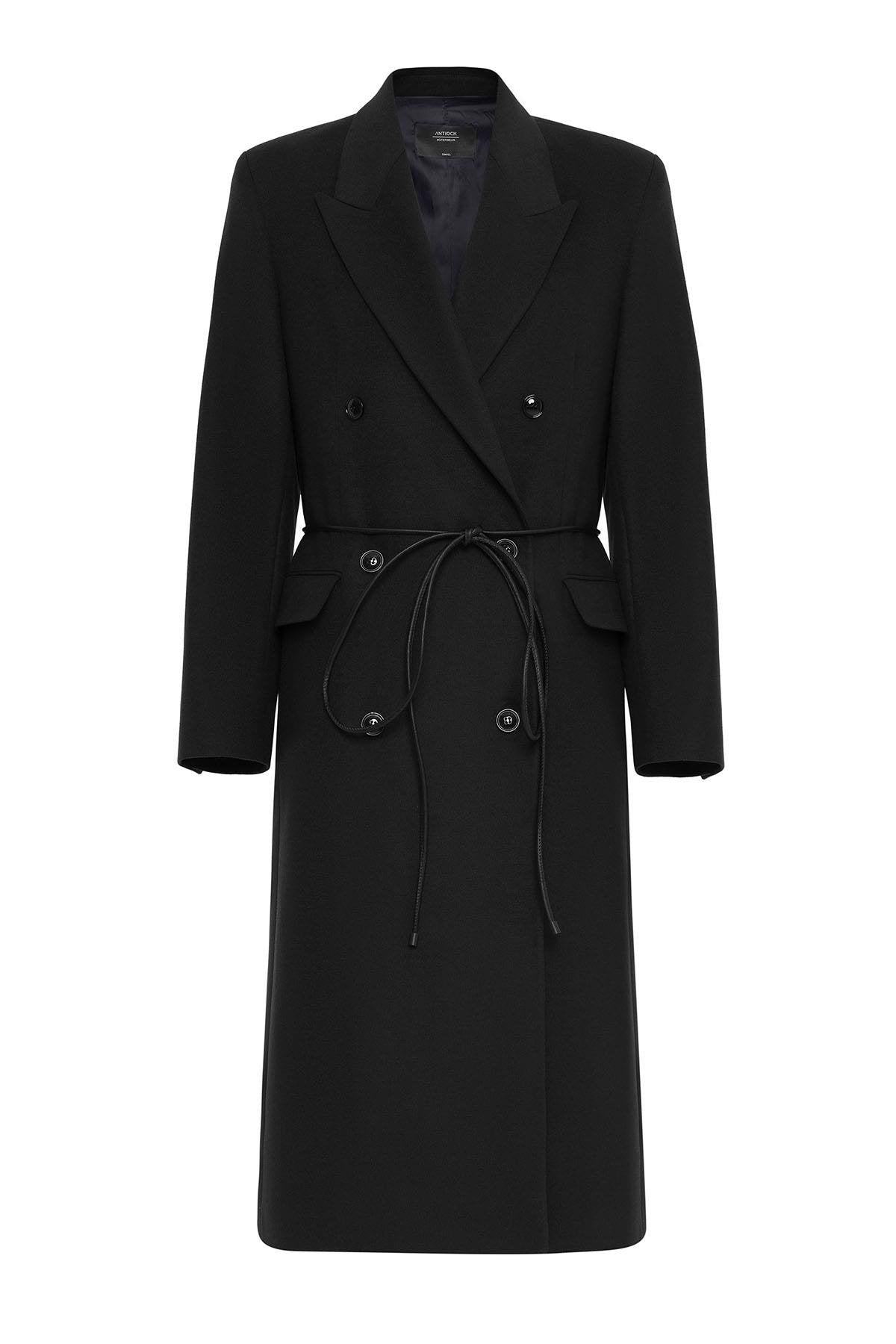 Antioch-Siyah Kadın Kemerli Kruvaze Kaban-Kaban-7-Milagron.com