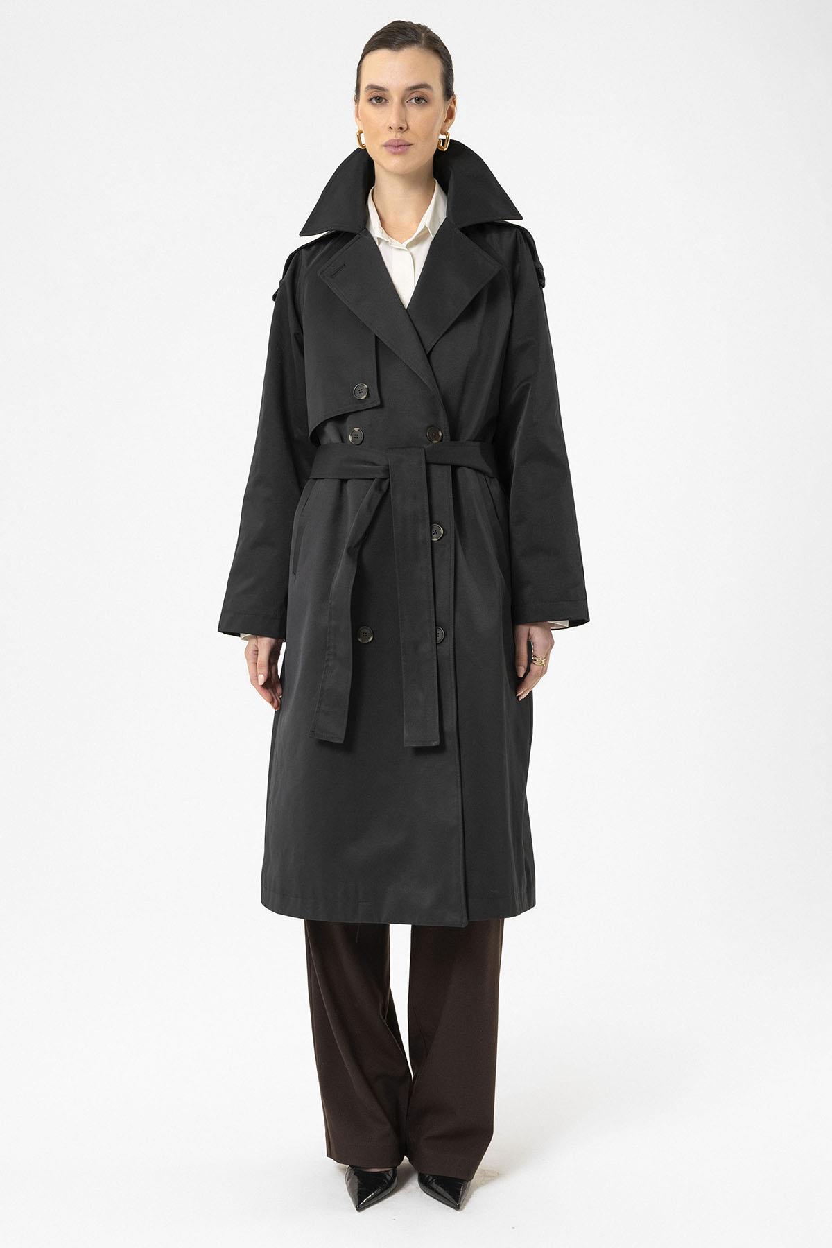 Antioch-Siyah Kadın Kemerli Uzun Trençkot-Trençkot-1-Milagron.com