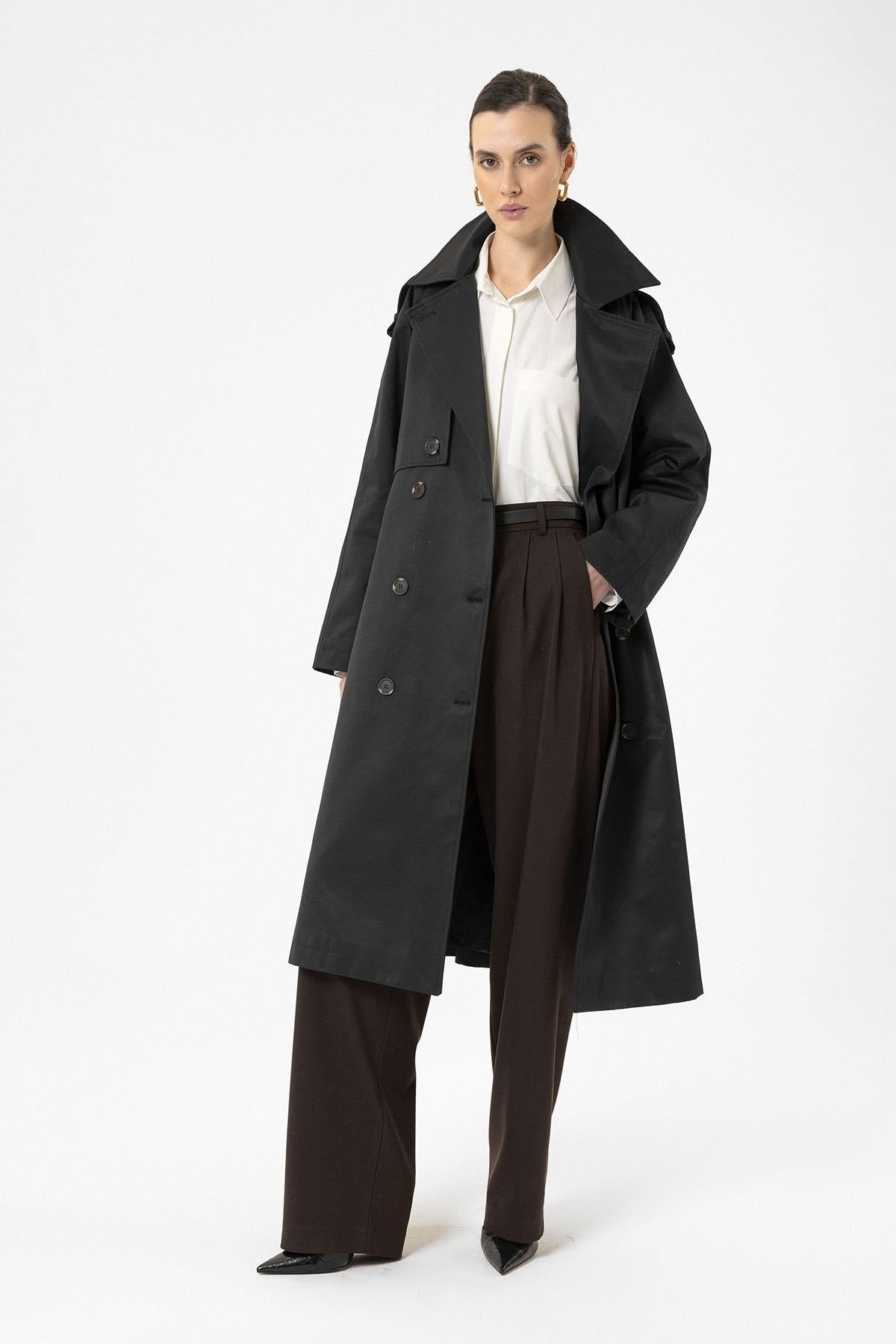 Antioch-Siyah Kadın Kemerli Uzun Trençkot-Trençkot-2-Milagron.com