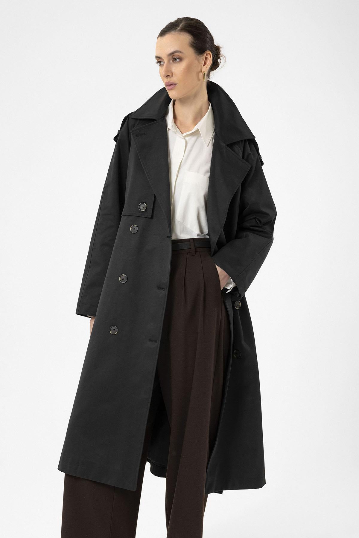 Antioch-Siyah Kadın Kemerli Uzun Trençkot-Trençkot-3-Milagron.com