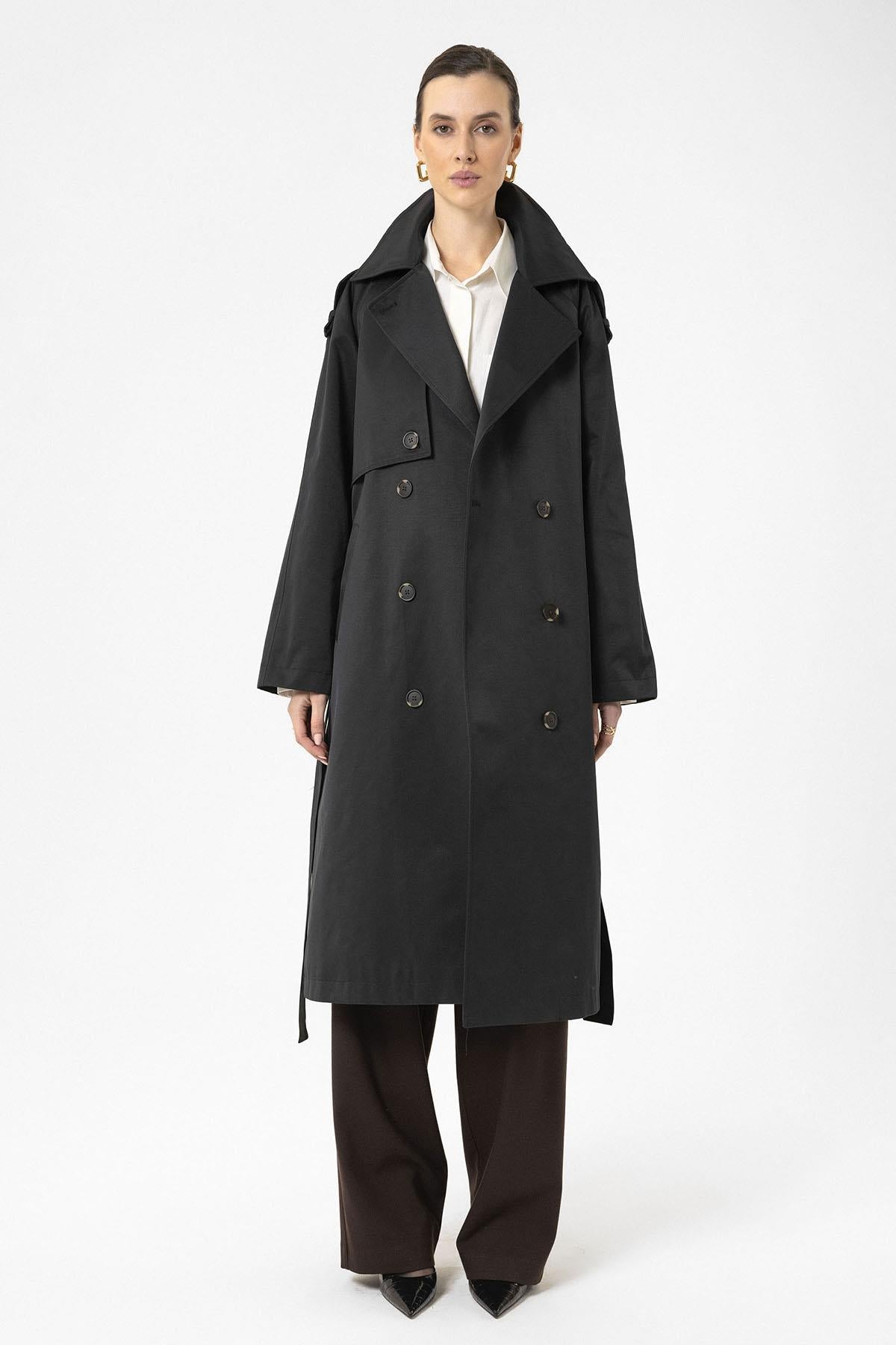 Antioch-Siyah Kadın Kemerli Uzun Trençkot-Trençkot-4-Milagron.com