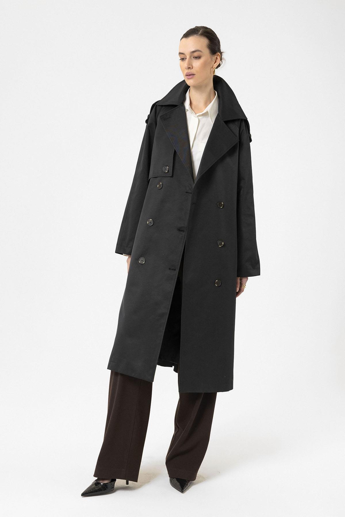 Antioch-Siyah Kadın Kemerli Uzun Trençkot-Trençkot-5-Milagron.com