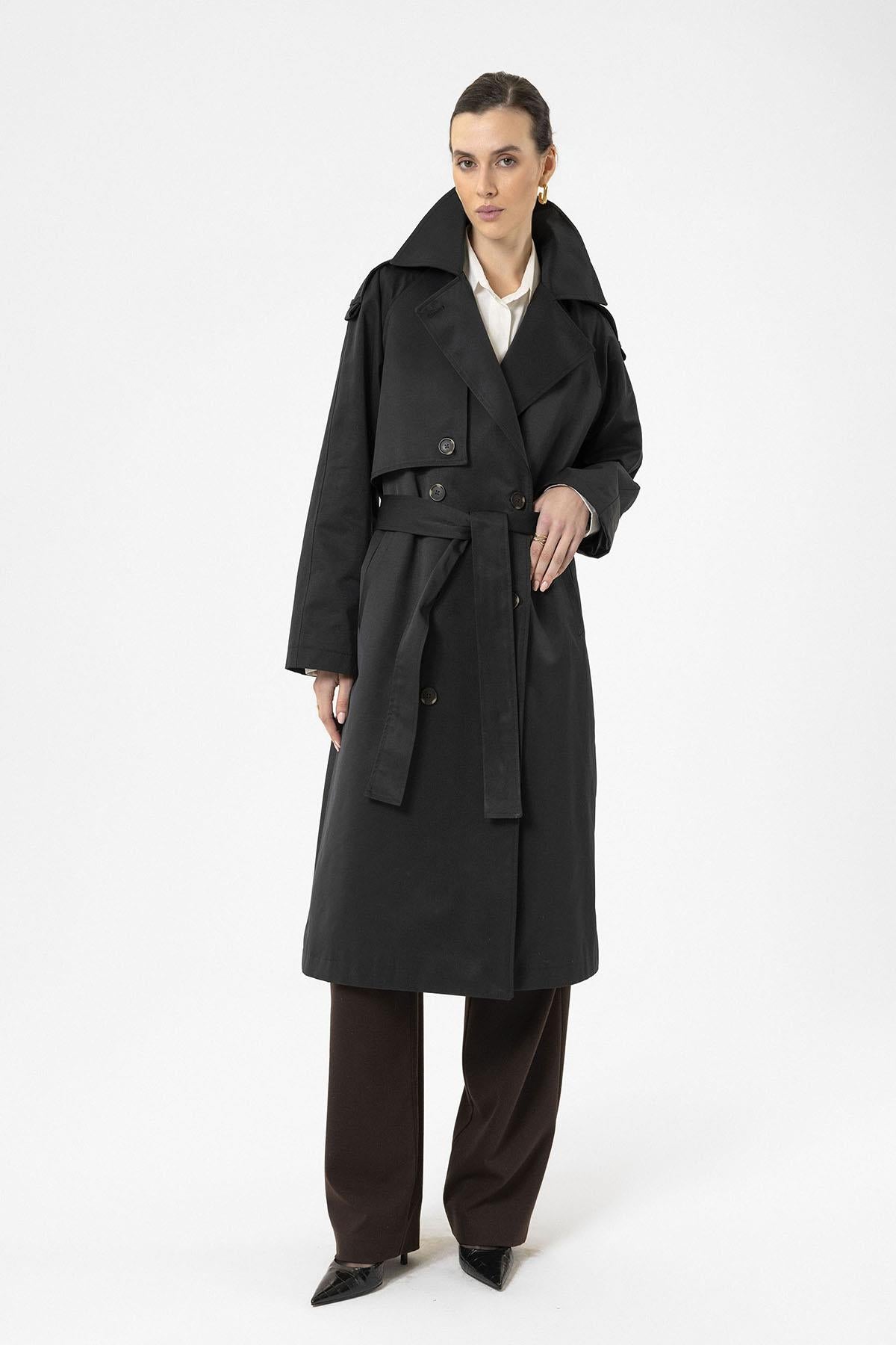 Antioch-Siyah Kadın Kemerli Uzun Trençkot-Trençkot-6-Milagron.com