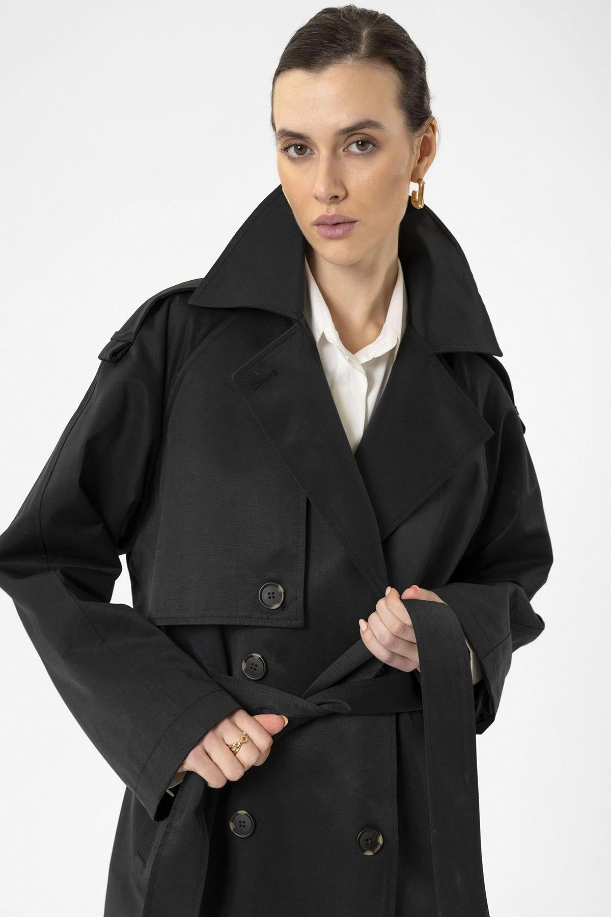 Antioch-Siyah Kadın Kemerli Uzun Trençkot-Trençkot-7-Milagron.com