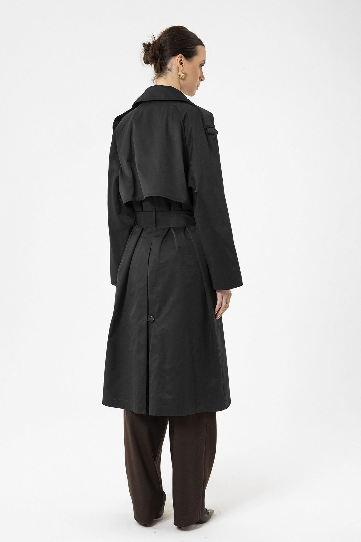 Antioch-Siyah Kadın Kemerli Uzun Trençkot-Trençkot-8-Milagron.com