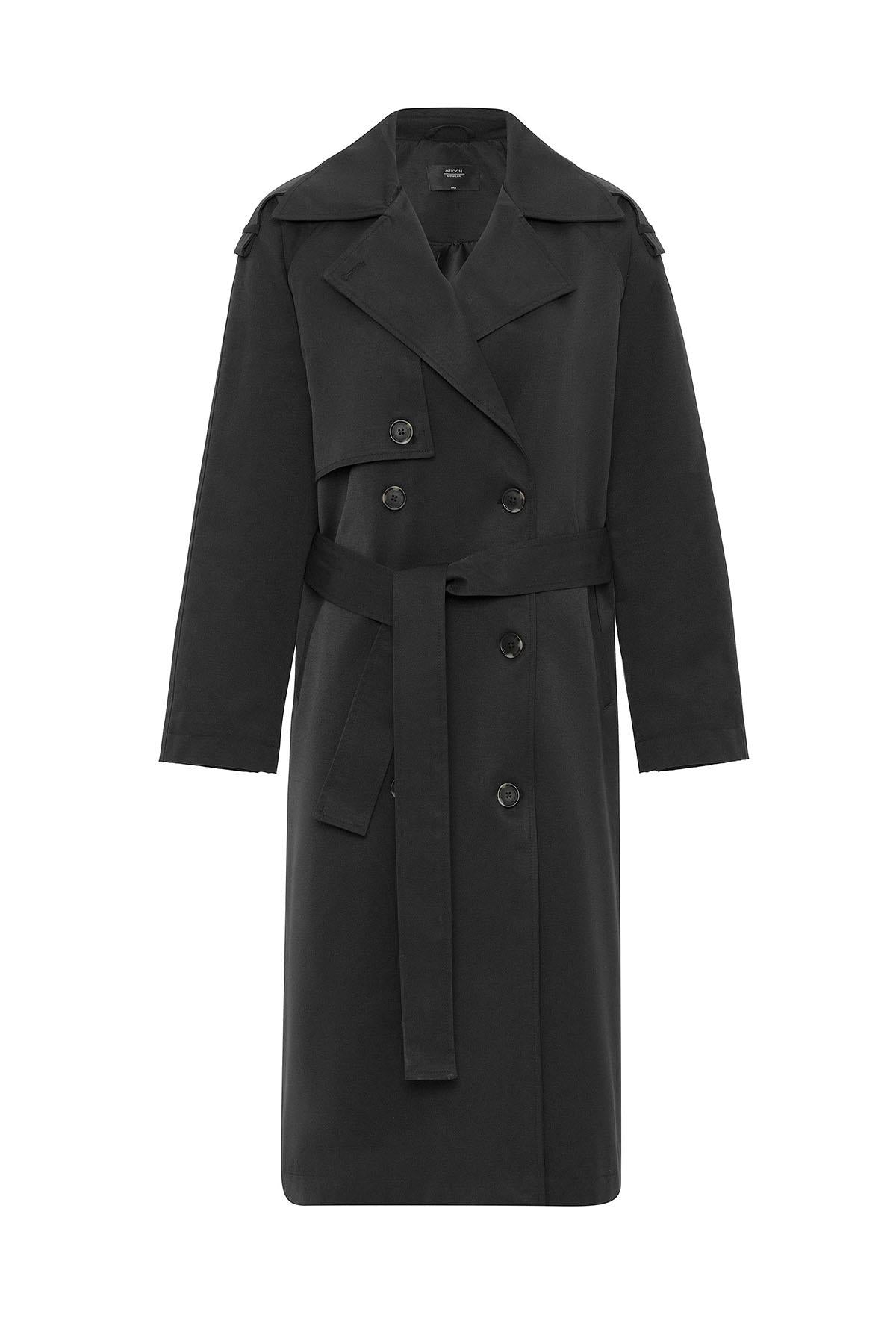 Antioch-Siyah Kadın Kemerli Uzun Trençkot-Trençkot-9-Milagron.com