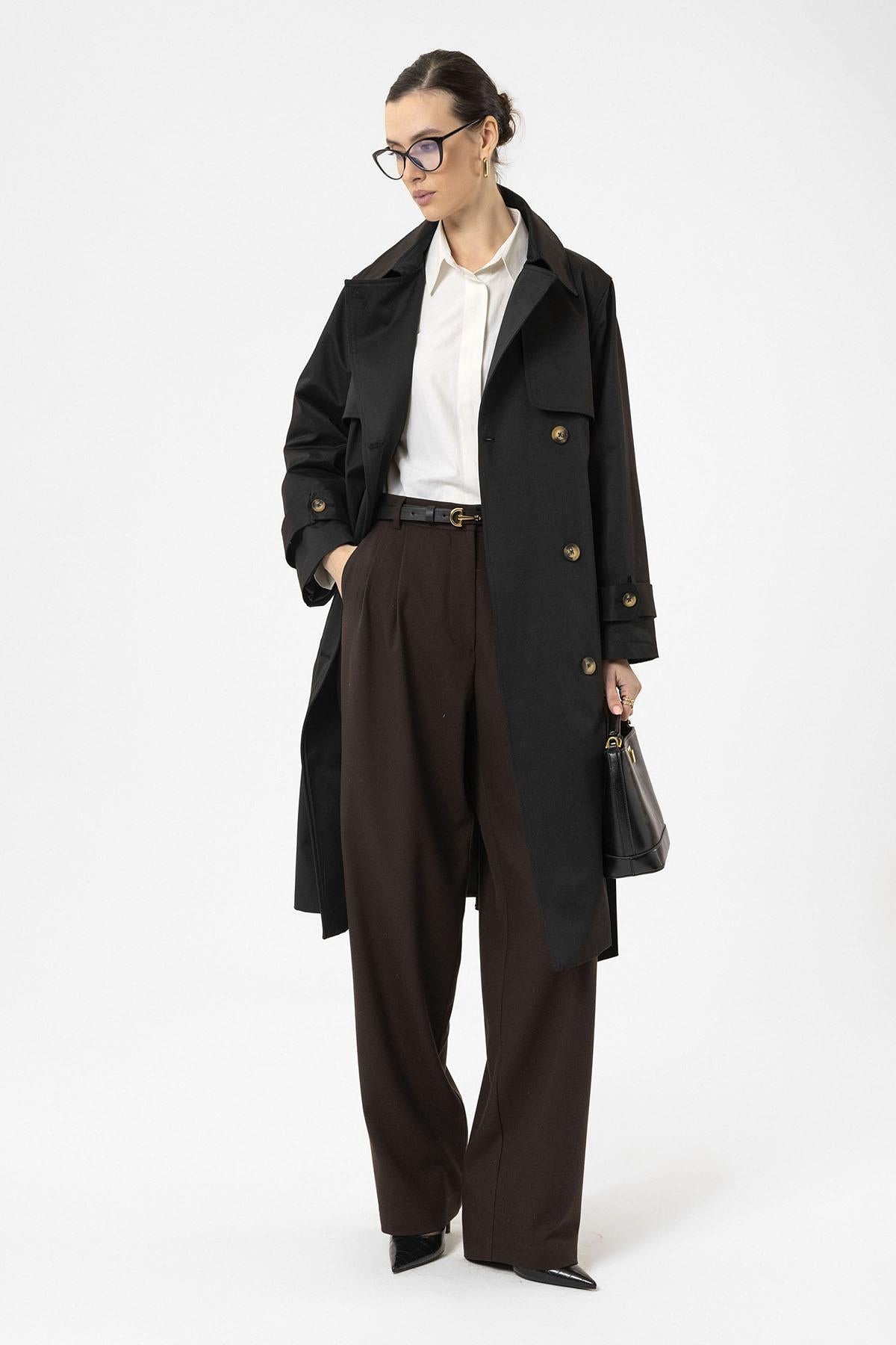 Antioch-Siyah Kadın Kruvaze Kapama Kemerli Trençkot-Trençkot-3-Milagron.com