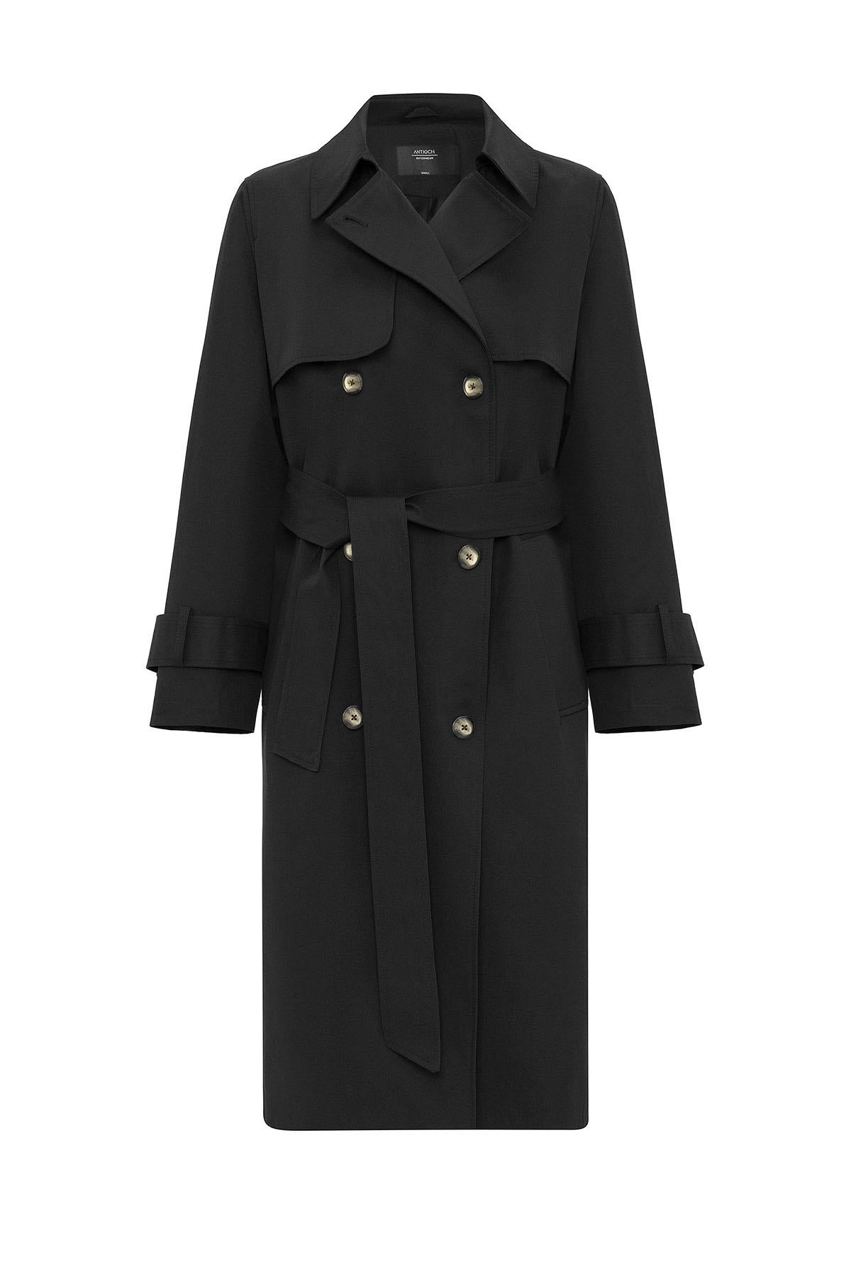 Antioch-Siyah Kadın Kruvaze Kapama Kemerli Trençkot-Trençkot-7-Milagron.com