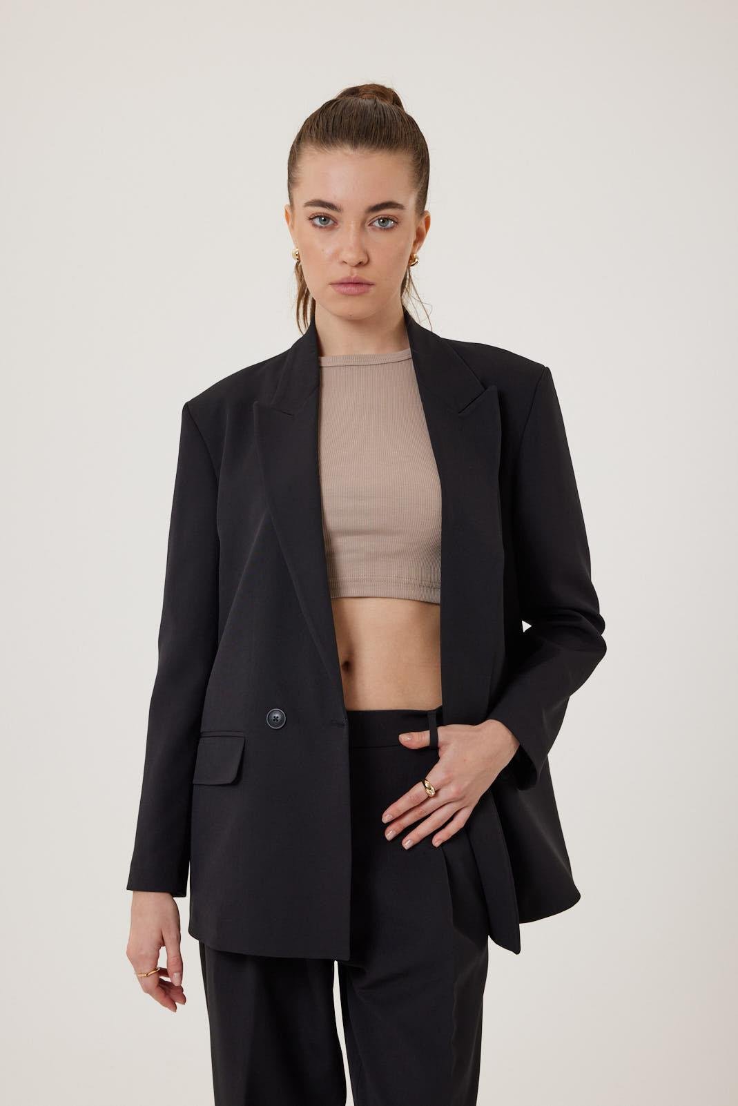 Antioch-Siyah Kadın Kruvaze Kapama Oversize Blazer Ceket-Blazer Ceket-3-Milagron.com