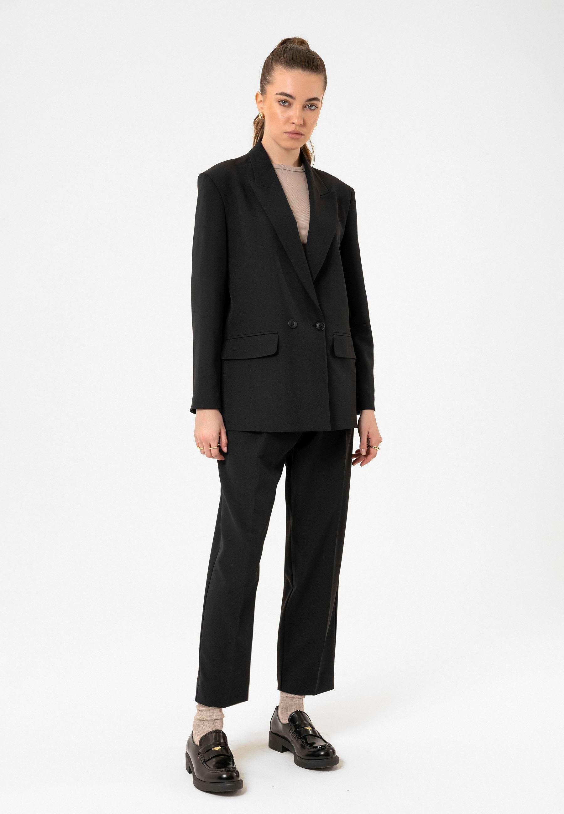 Antioch-Siyah Kadın Kruvaze Kapama Oversize Blazer Ceket-Blazer Ceket-5-Milagron.com