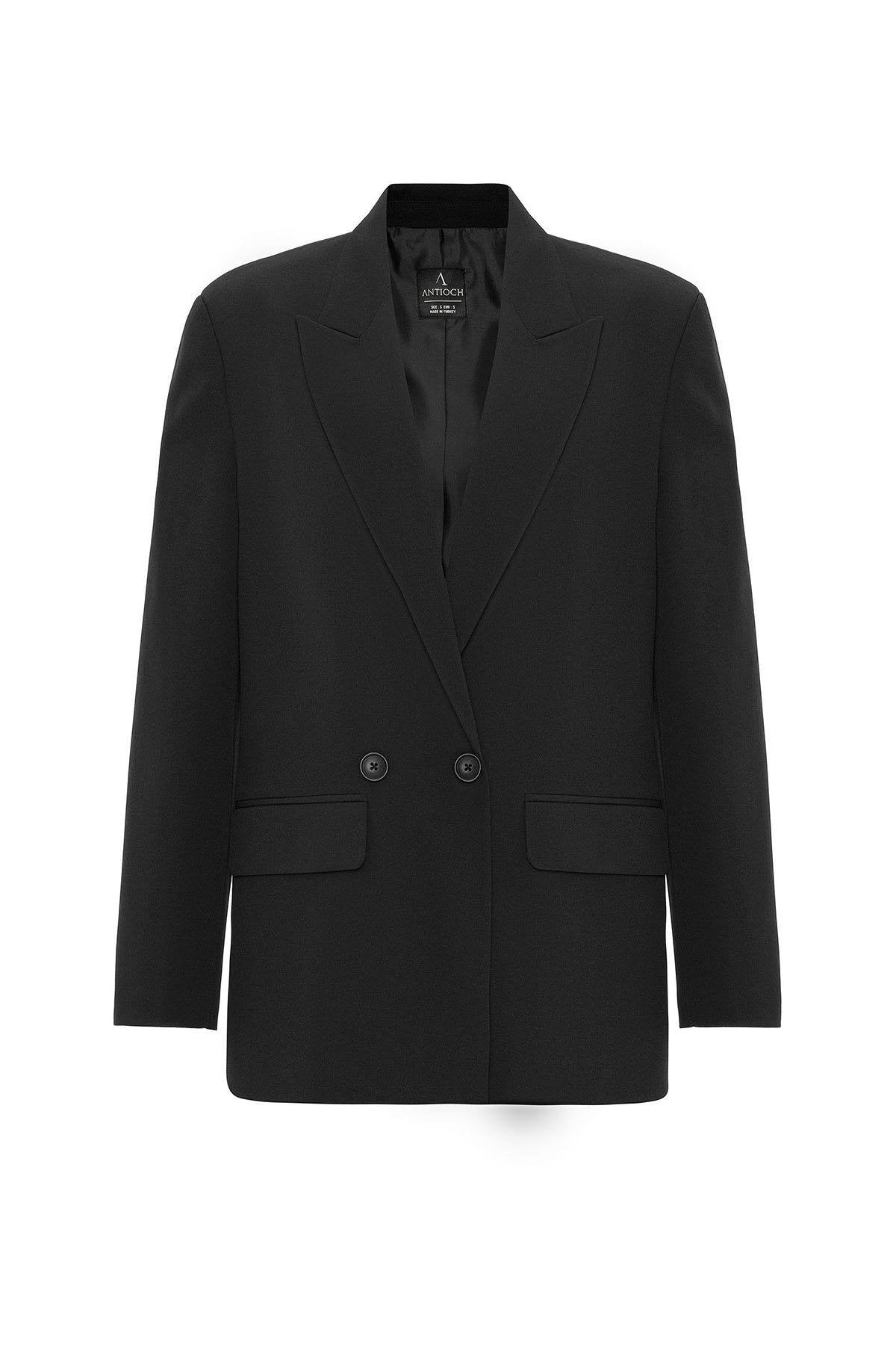 Antioch-Siyah Kadın Kruvaze Kapama Oversize Blazer Ceket-Ceket-7-Milagron.com