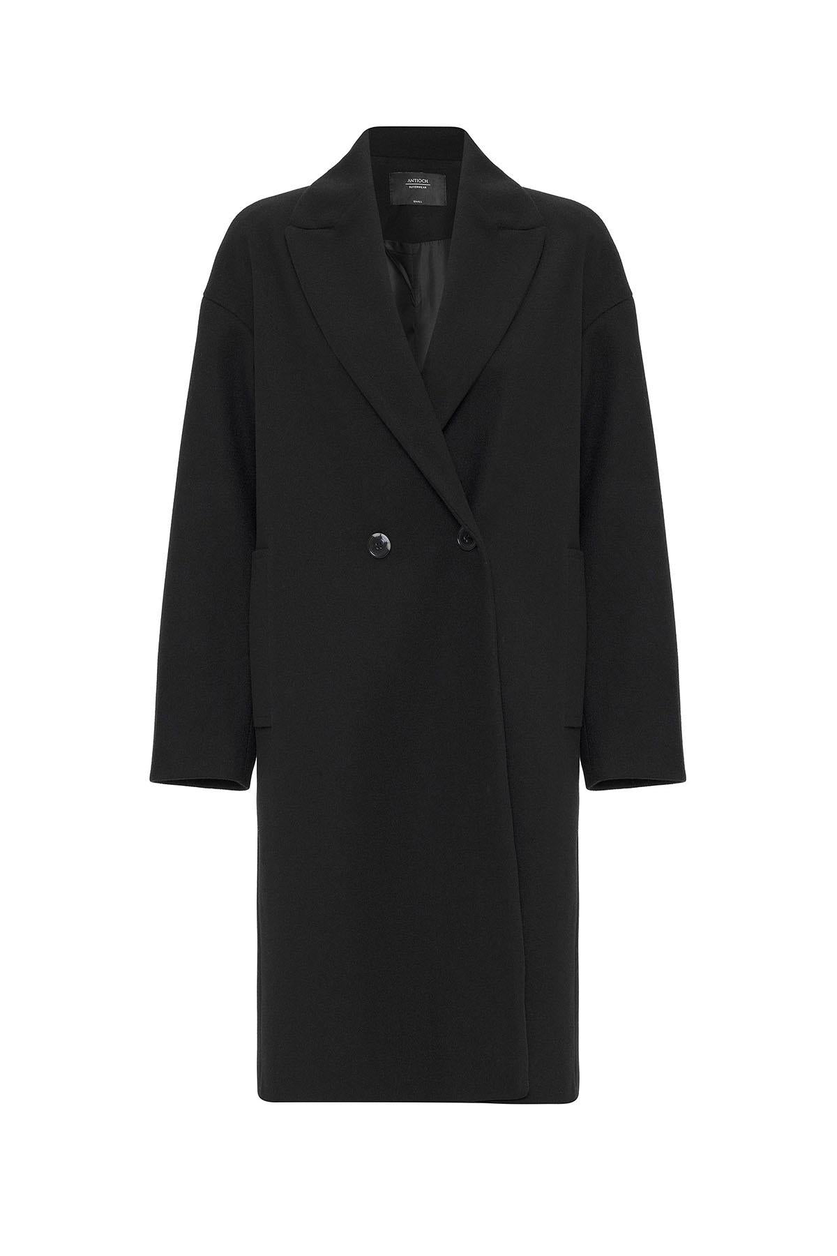 Antioch-Siyah Kadın Kruvaze Kapama Oversize Kaban-Kaban-7-Milagron.com