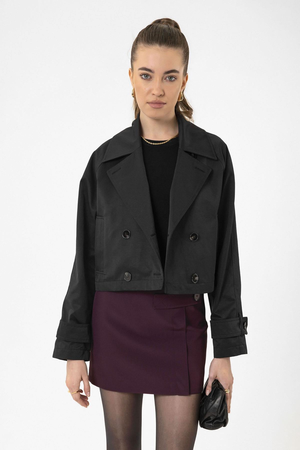 Antioch-Siyah Kadın Kruvaze Kısa Trençkot-Trençkot-1-Milagron.com